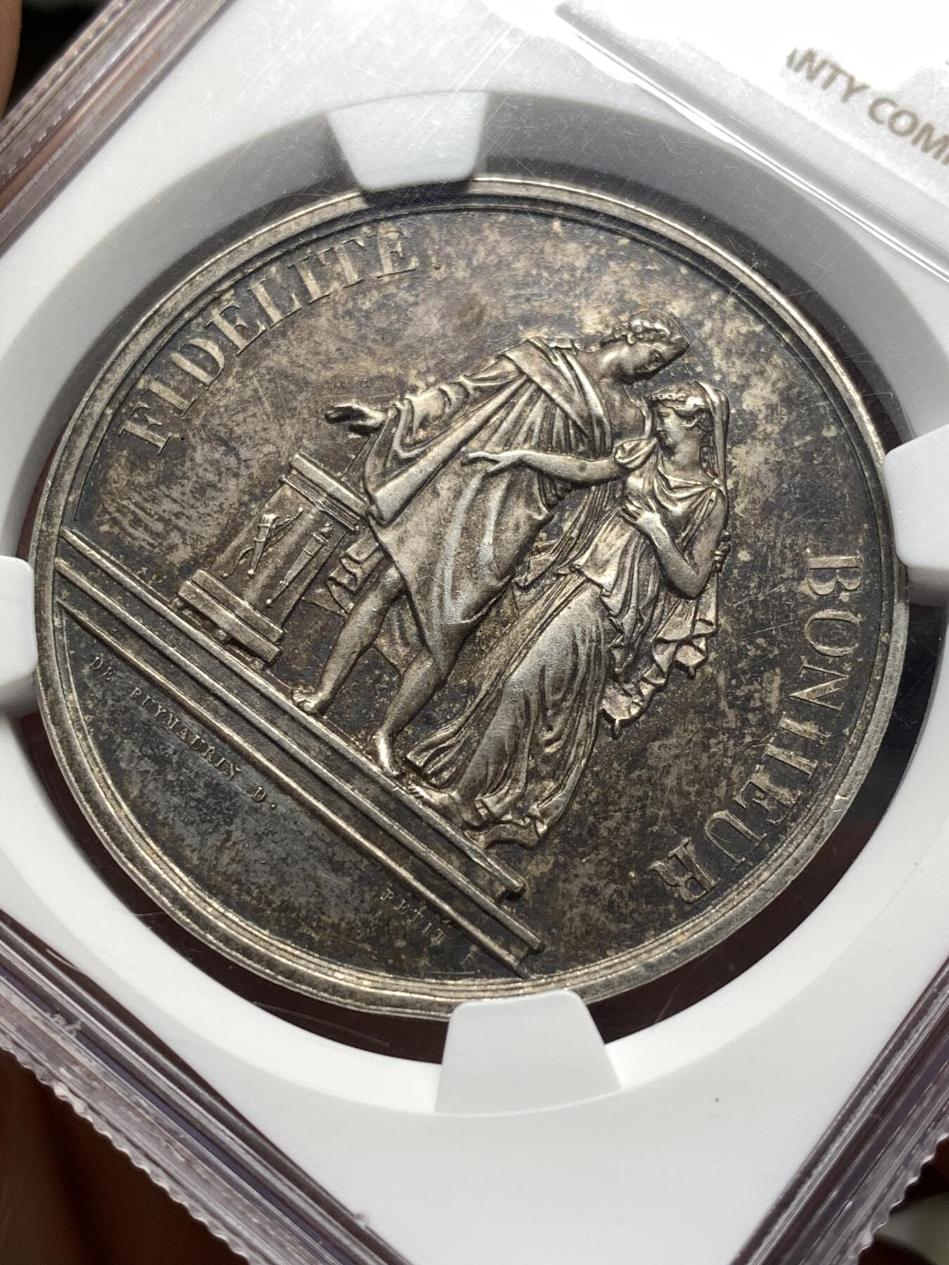 《竞宝斋》第475场 周日，周一 2场连拍 （全场包邮）欢迎送拍 NGC MS61 法国结婚纪念银章 39mm 油灯边铭