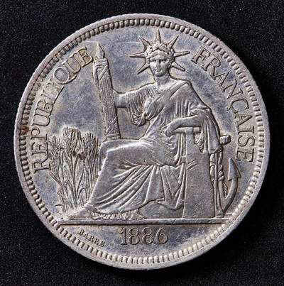 【俄甄集藏】2026年(050)04-01星期三 晚 19:30 全场包邮 - 法属印度支那1886年1皮阿斯特加重坐洋大银币，黄油彩包浆，底光犹存