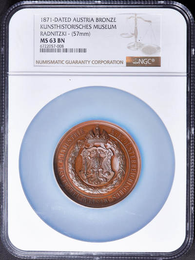 【俄甄集藏】2026年(050)04-01星期三 晚 19:30 全场包邮 - 奥匈帝国1871年纪念维也纳艺术与工业应用博物馆开放大铜章，NGC MS63，巧克力包浆，高浮雕，设计精美，雕刻家古斯塔夫·拉德尼茨基名誉作品，直径：57mm，标签错误