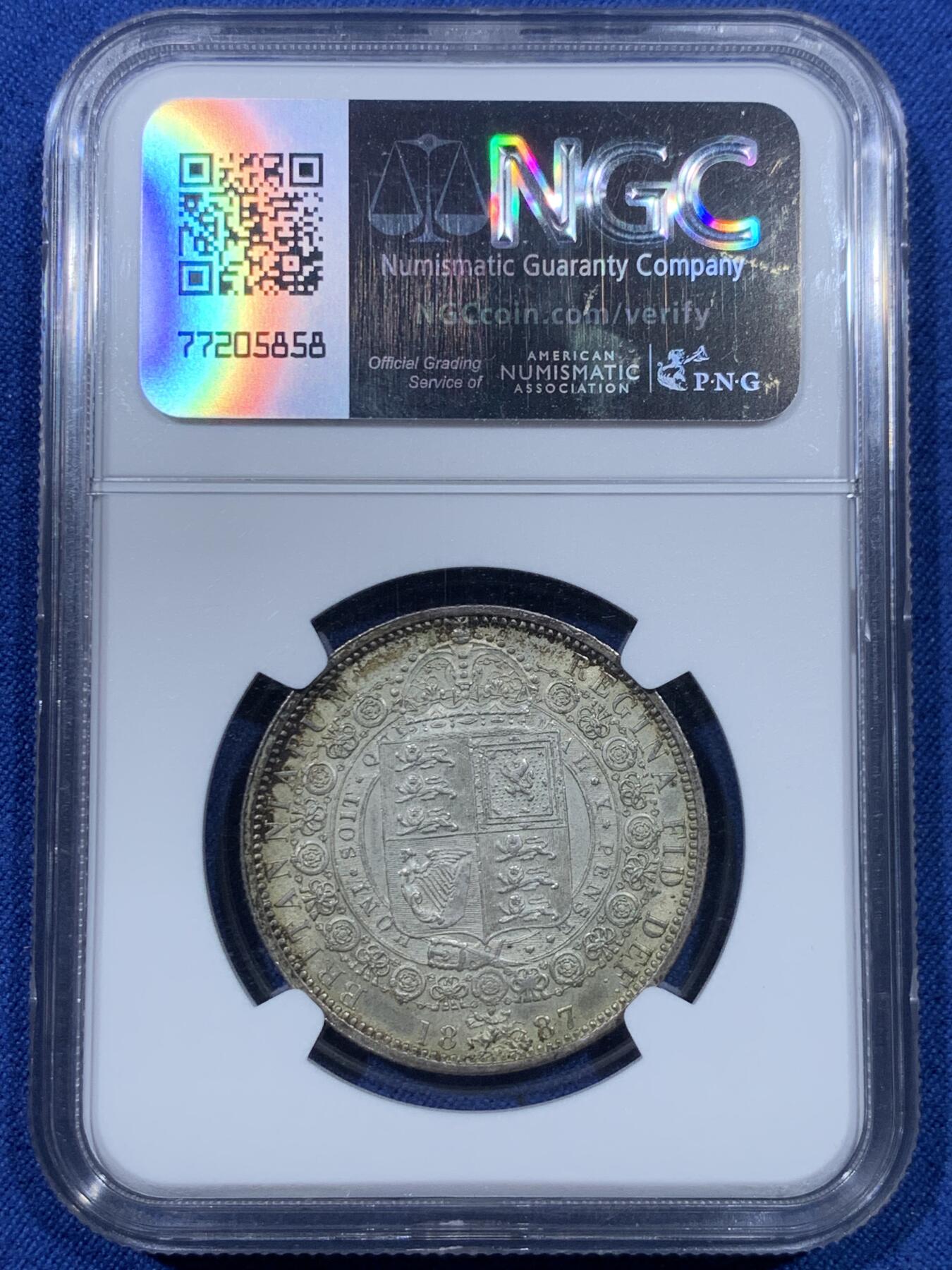 《竞宝斋》第475场 周日，周一 2场连拍 （全场包邮）欢迎送拍 NGC MS64 英国 1887年 维多利亚女王高冠半克朗银币 深包浆好细节 分数也不错