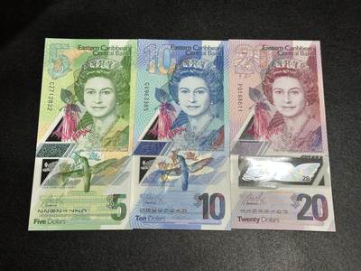 《外钞收藏家》第六百二十二期（精品场）（长期征集拍品、欢迎藏友们联系合作） - 东加勒比5、10、20 三张最新版塑料钞一起 全新UNC