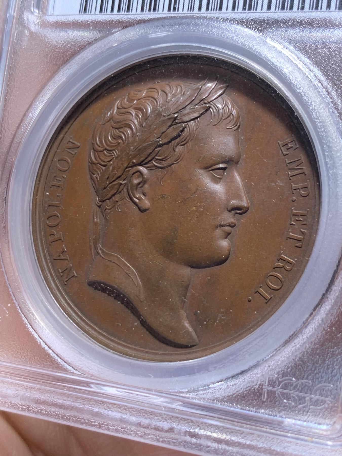 《竞宝斋》第475场 周日，周一 2场连拍 （全场包邮）欢迎送拍 PCGS SP64 季军分 法国1806年拿破仑一世耶拿之战原铸铜章 巴黎造币厂极美巧克力包浆 加厚盒