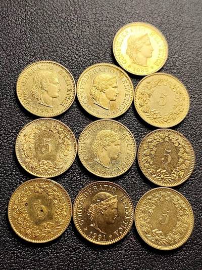 泉币菌-第217场-拍品多 请提前出价 - 10枚一组 百年不变 女神 瑞士5生丁铜币 混合年份 