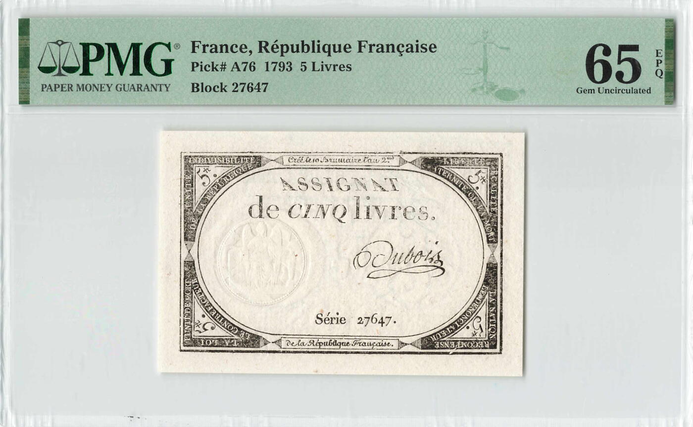 小福收藏拍卖第204期 评级币精选场 本期有 荷兰经典AA冠拿杯子的蛇 叙利亚世遗帕尔米拉古城豹子号冠军分 法国红衣主教冠军分 意大利经典达芬奇   白俄罗斯 "Millennium" 纪念版AA冠全同千位号全套  南斯拉夫铁托未发行版 美国 墨西哥 越南 法属印度支那等多国精美高分珍稀老钞精品纸币 法国 1793年 5 Livres PMG65 EPQ 亚军分