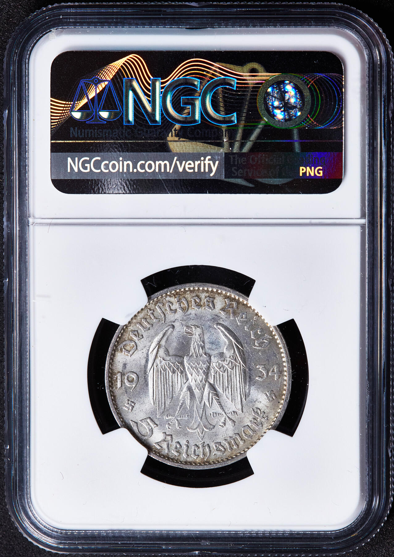 【俄甄集藏】2026年(050)04-01星期三 晚 19:30 全场包邮 德国第三帝国1934年D版波茨坦教堂无字版5马克银币，NGC MS61，黄油彩包浆，转光品相