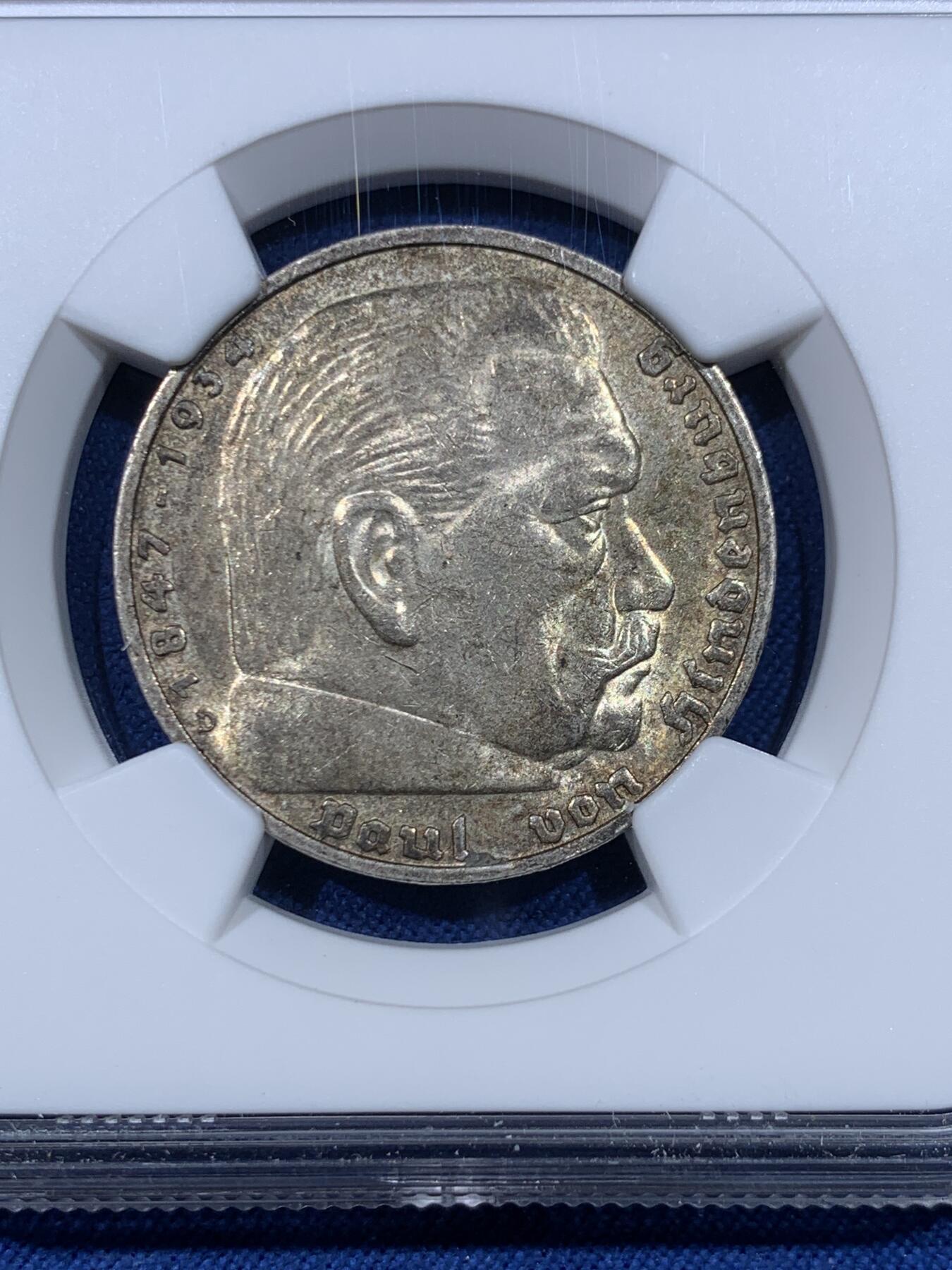 《竞宝斋》第475场 周日，周一 2场连拍 （全场包邮）欢迎送拍 NGC MS62 德国兴登堡 1938年 D版 5马克银币