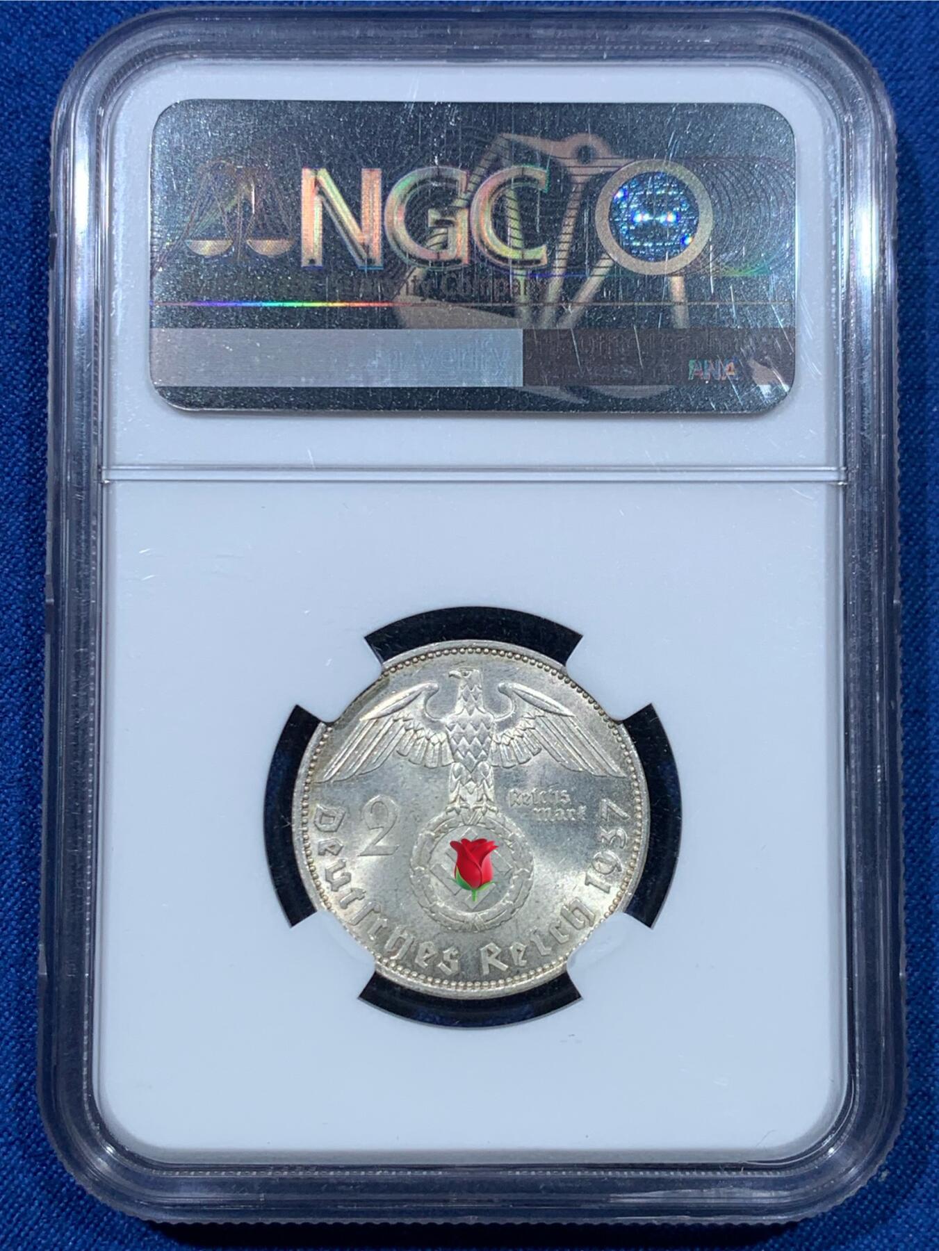 《竞宝斋》第475场 周日，周一 2场连拍 （全场包邮）欢迎送拍 NGC MS63 德国1937年兴登堡2马克银币