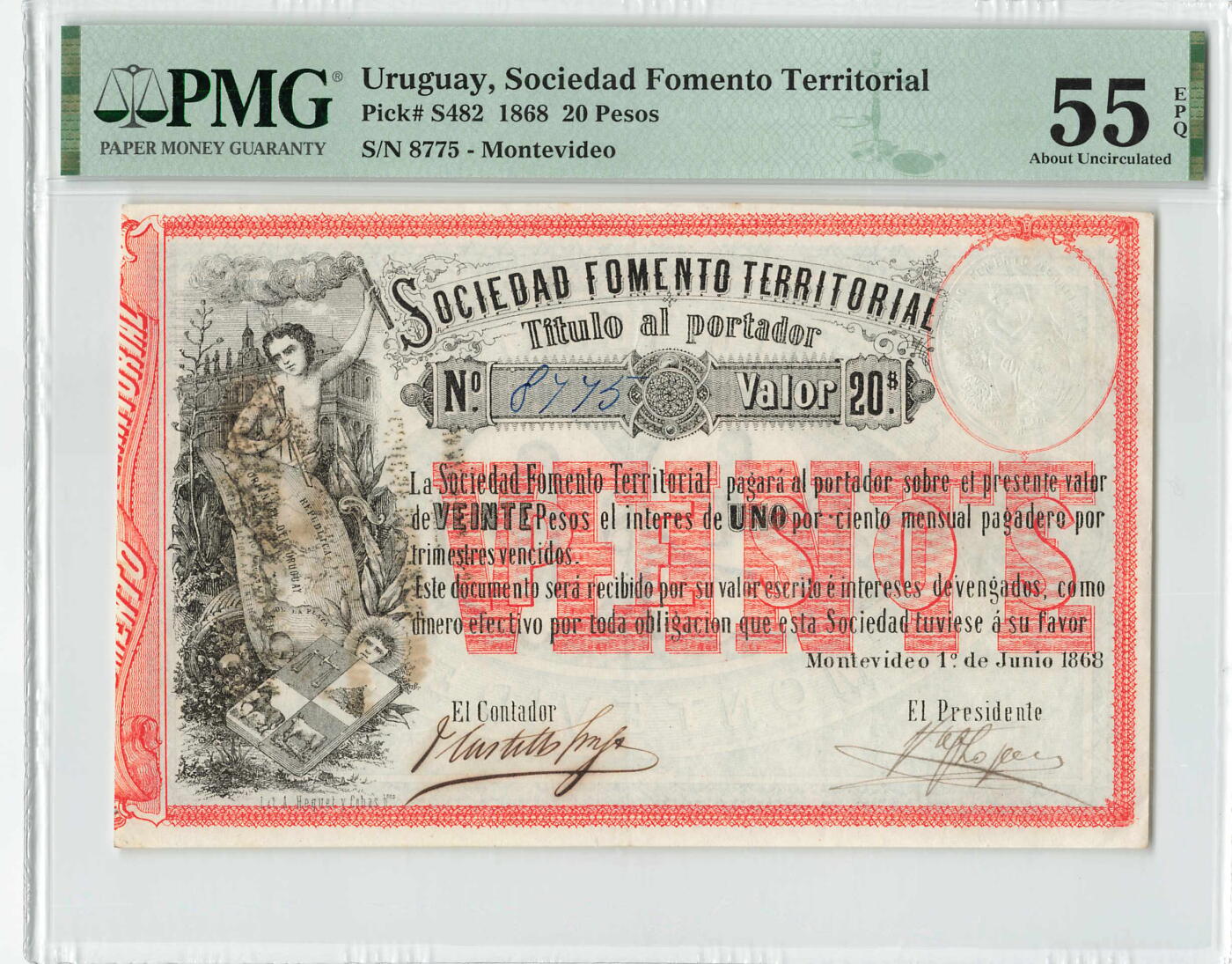 小福收藏拍卖第204期 评级币精选场 本期有 荷兰经典AA冠拿杯子的蛇 叙利亚世遗帕尔米拉古城豹子号冠军分 法国红衣主教冠军分 意大利经典达芬奇   白俄罗斯 "Millennium" 纪念版AA冠全同千位号全套  南斯拉夫铁托未发行版 美国 墨西哥 越南 法属印度支那等多国精美高分珍稀老钞精品纸币 乌拉圭 1868年 20比索 157年老钞 很少见 手写8775号 PMG55 EPQ 季军分（200期非原货主客户付款后委托拍