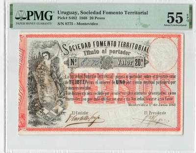 小福收藏拍卖第204期 评级币精选场 本期有 荷兰经典AA冠拿杯子的蛇 叙利亚世遗帕尔米拉古城豹子号冠军分 法国红衣主教冠军分 意大利经典达芬奇   白俄罗斯 "Millennium" 纪念版AA冠全同千位号全套  南斯拉夫铁托未发行版 美国 墨西哥 越南 法属印度支那等多国精美高分珍稀老钞精品纸币 - 乌拉圭 1868年 20比索 157年老钞 很少见 手写8775号 PMG55 EPQ 季军分（200期非原货主客户付款后委托拍