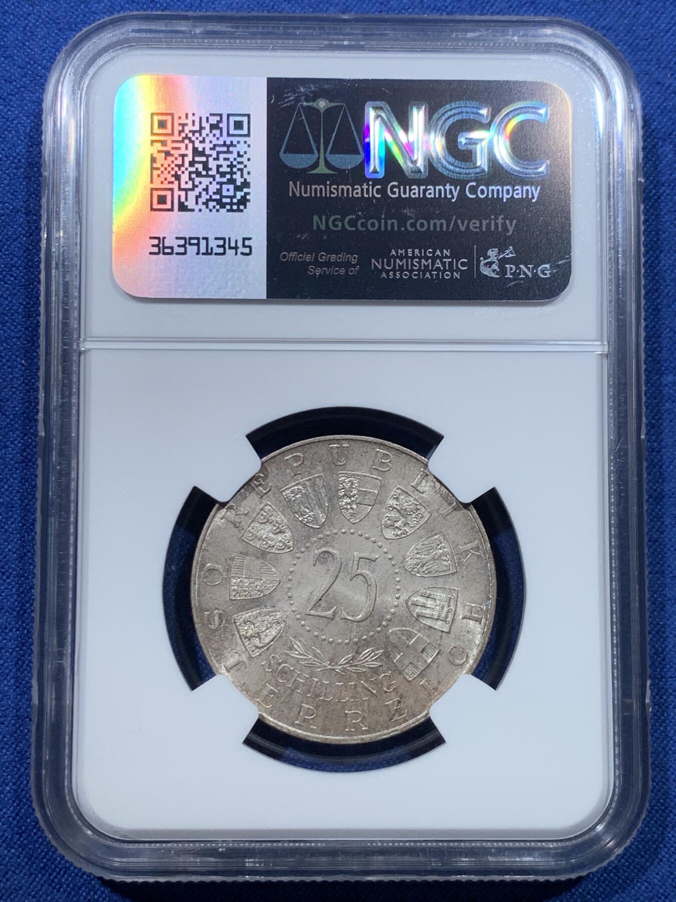 《竞宝斋》第475场 周日，周一 2场连拍 （全场包邮）欢迎送拍 两枚一组 NGC MS62 奥地利1957/1962年25先令纪念银币 800银 总重26克