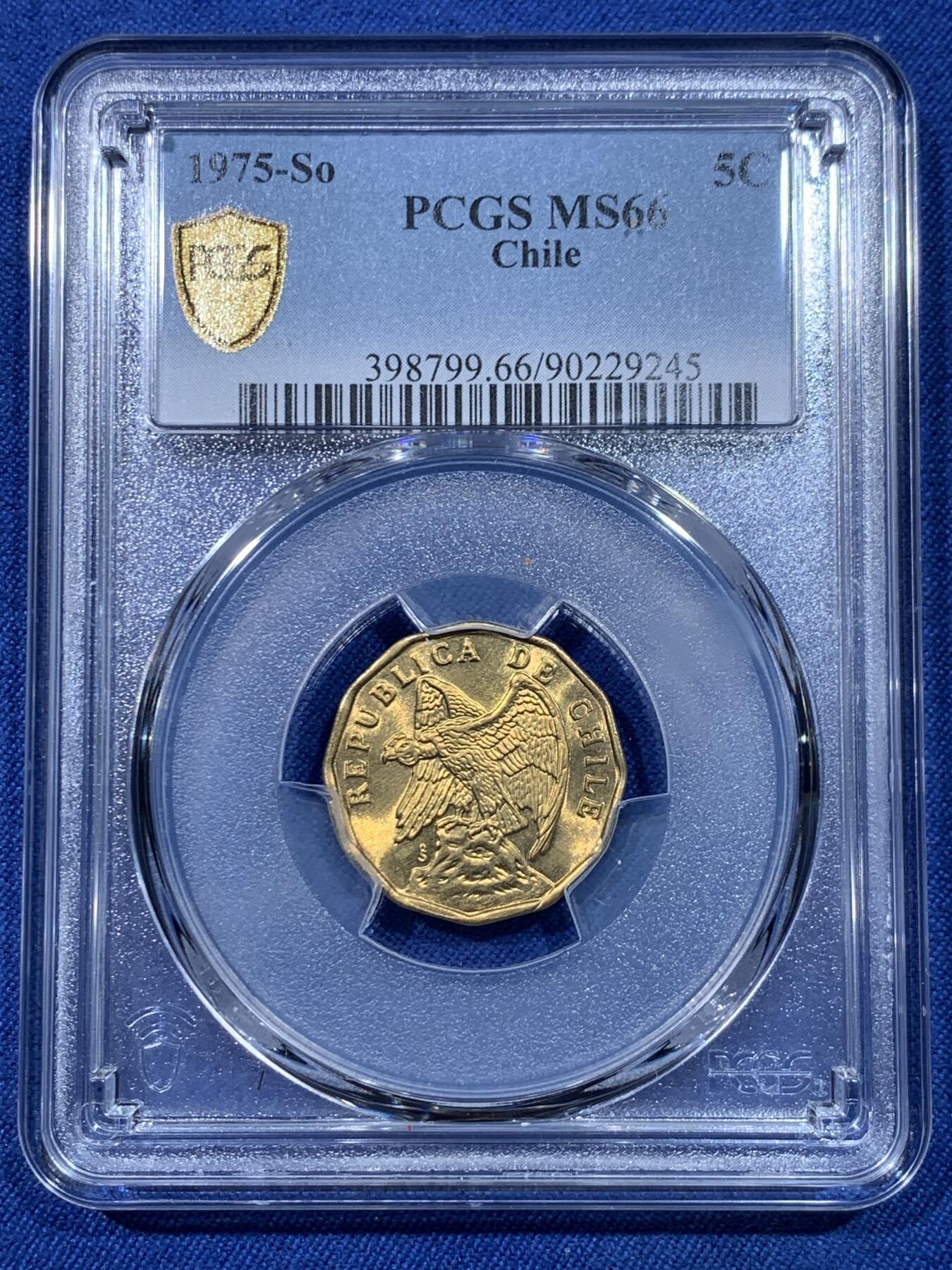 《竞宝斋》第475场 周日，周一 2场连拍 （全场包邮）欢迎送拍 PCGS MS66 智利1975年5比索铜币 车轮光状态漂亮 此面值铜版少见  冠军分！