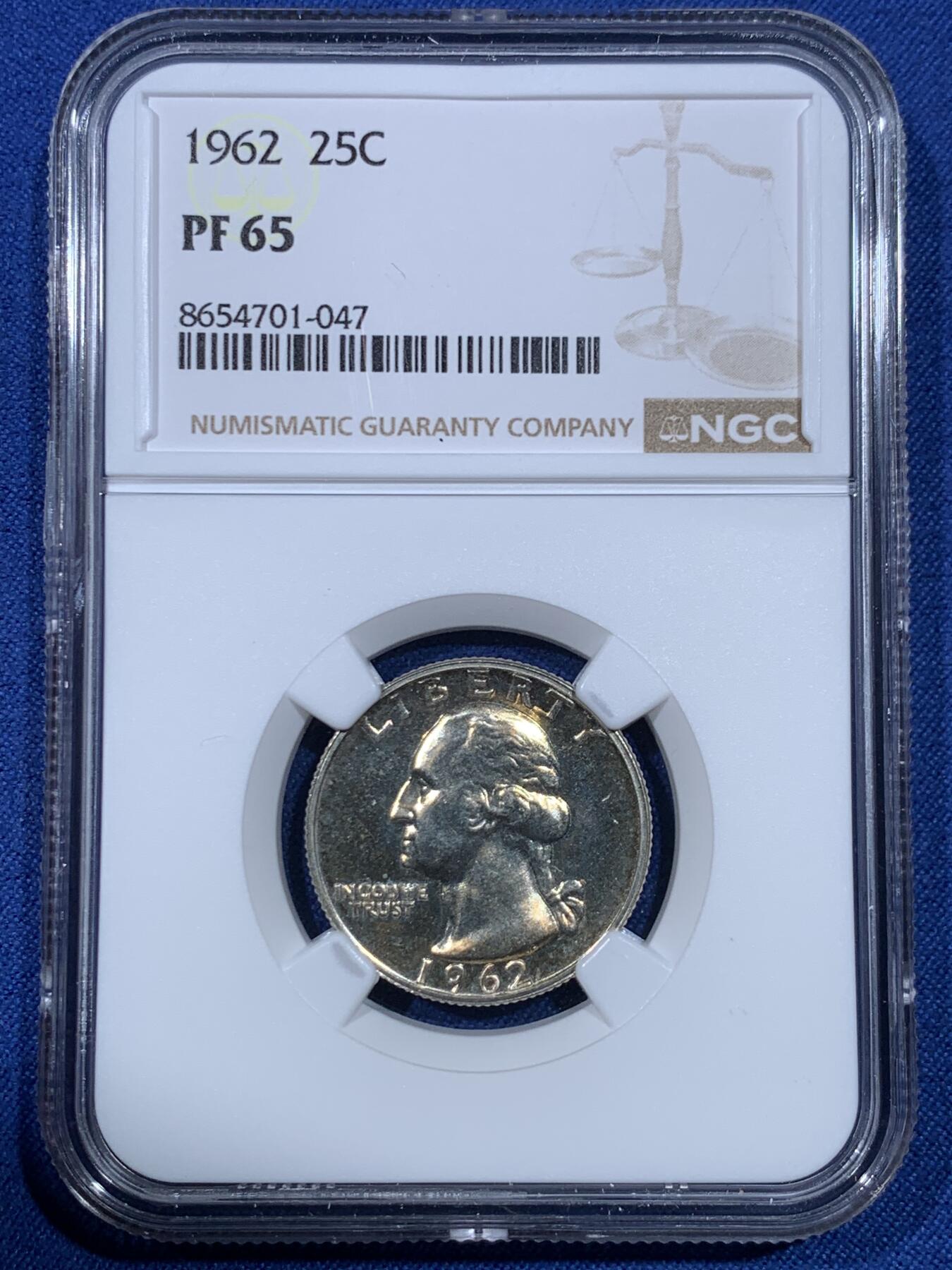 《竞宝斋》第475场 周日，周一 2场连拍 （全场包邮）欢迎送拍 NGC PF65 美国1962年华盛顿25分银币 少见精制版本 较少的年份