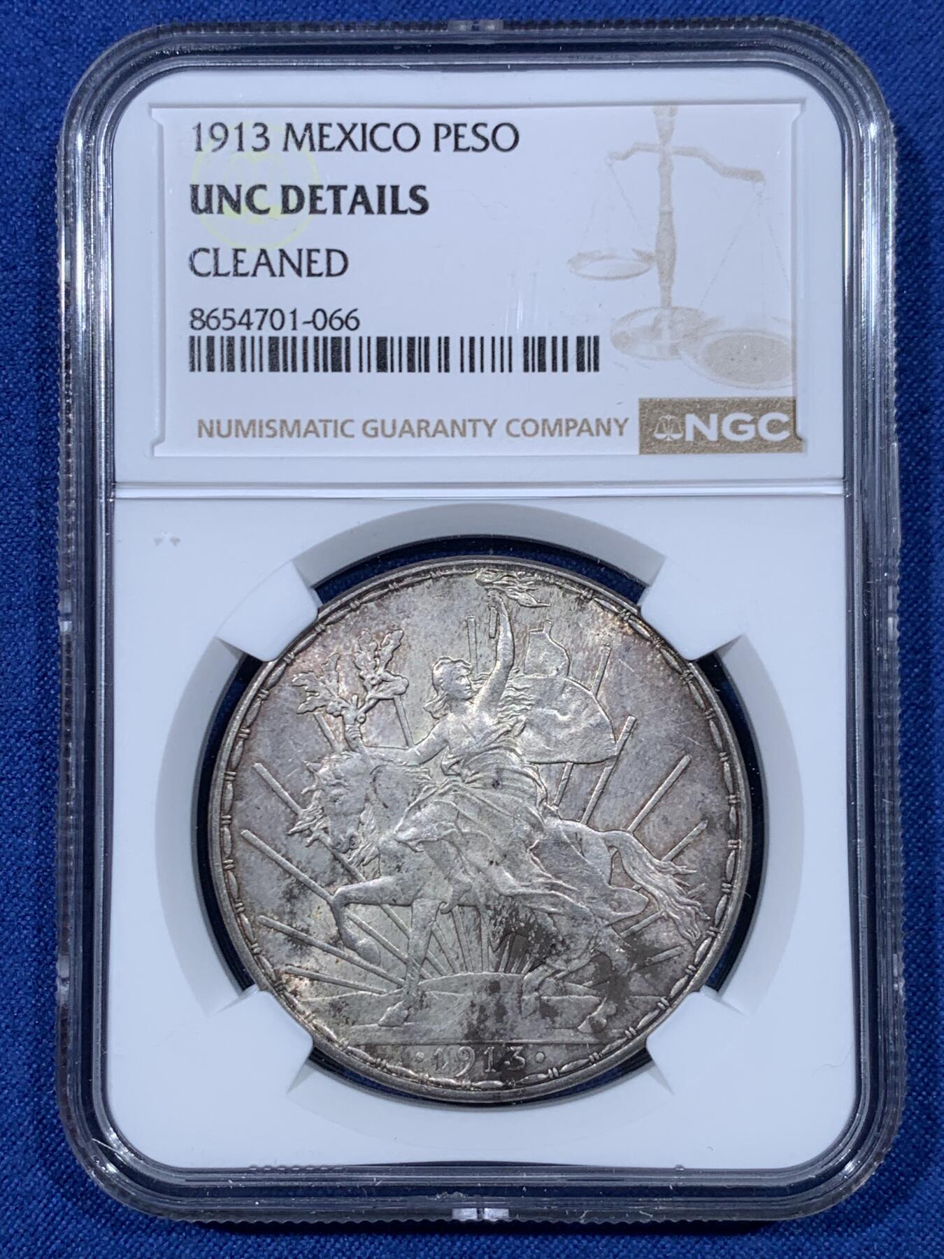 《竞宝斋》第475场 周日，周一 2场连拍 （全场包邮）欢迎送拍 NGC UNCD 墨西哥 1913年 1比索 银币 骑马鹰洋中的少见年份