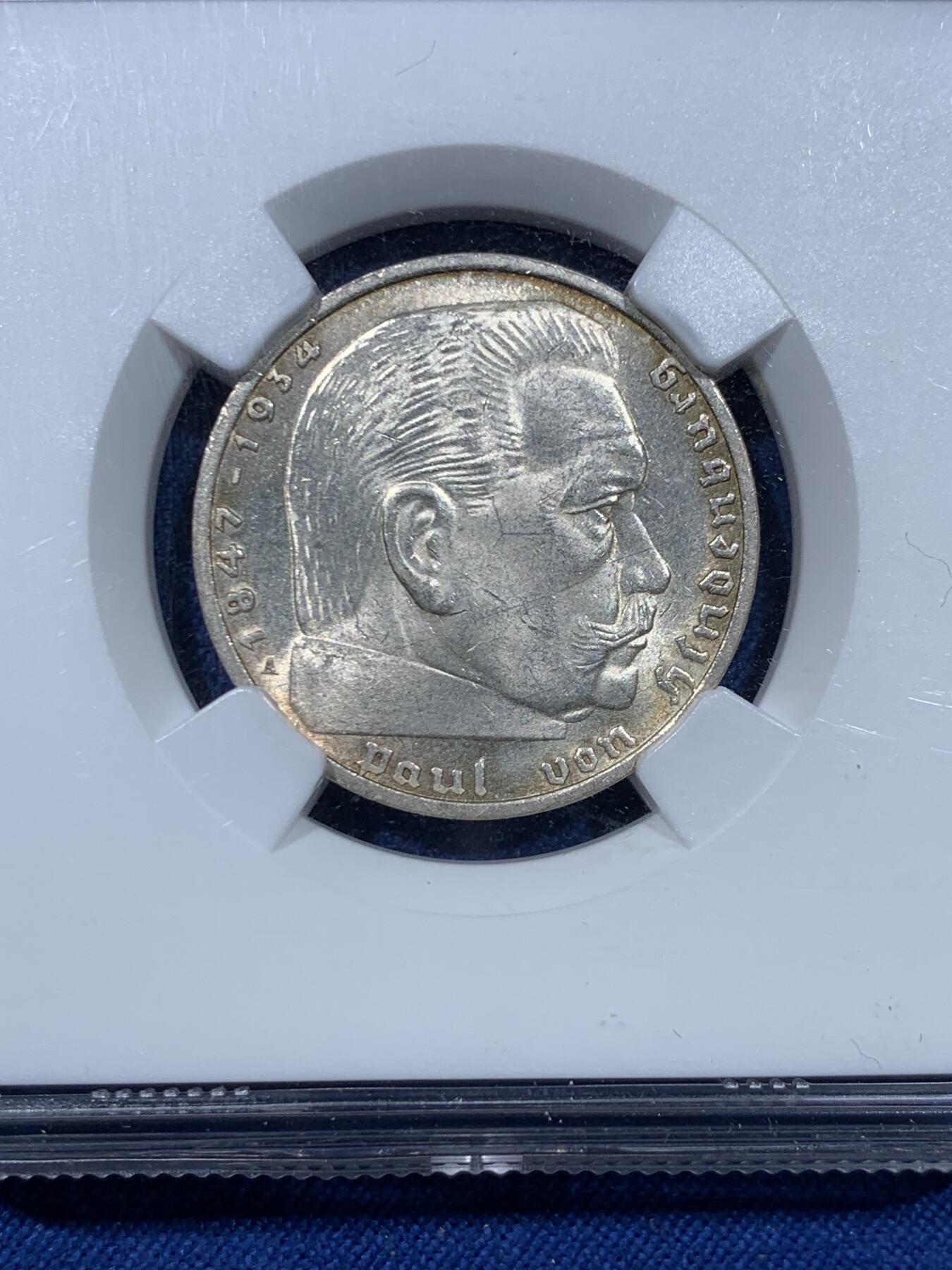 《竞宝斋》第475场 周日，周一 2场连拍 （全场包邮）欢迎送拍 NGC MS63 德国1937年兴登堡2马克银币