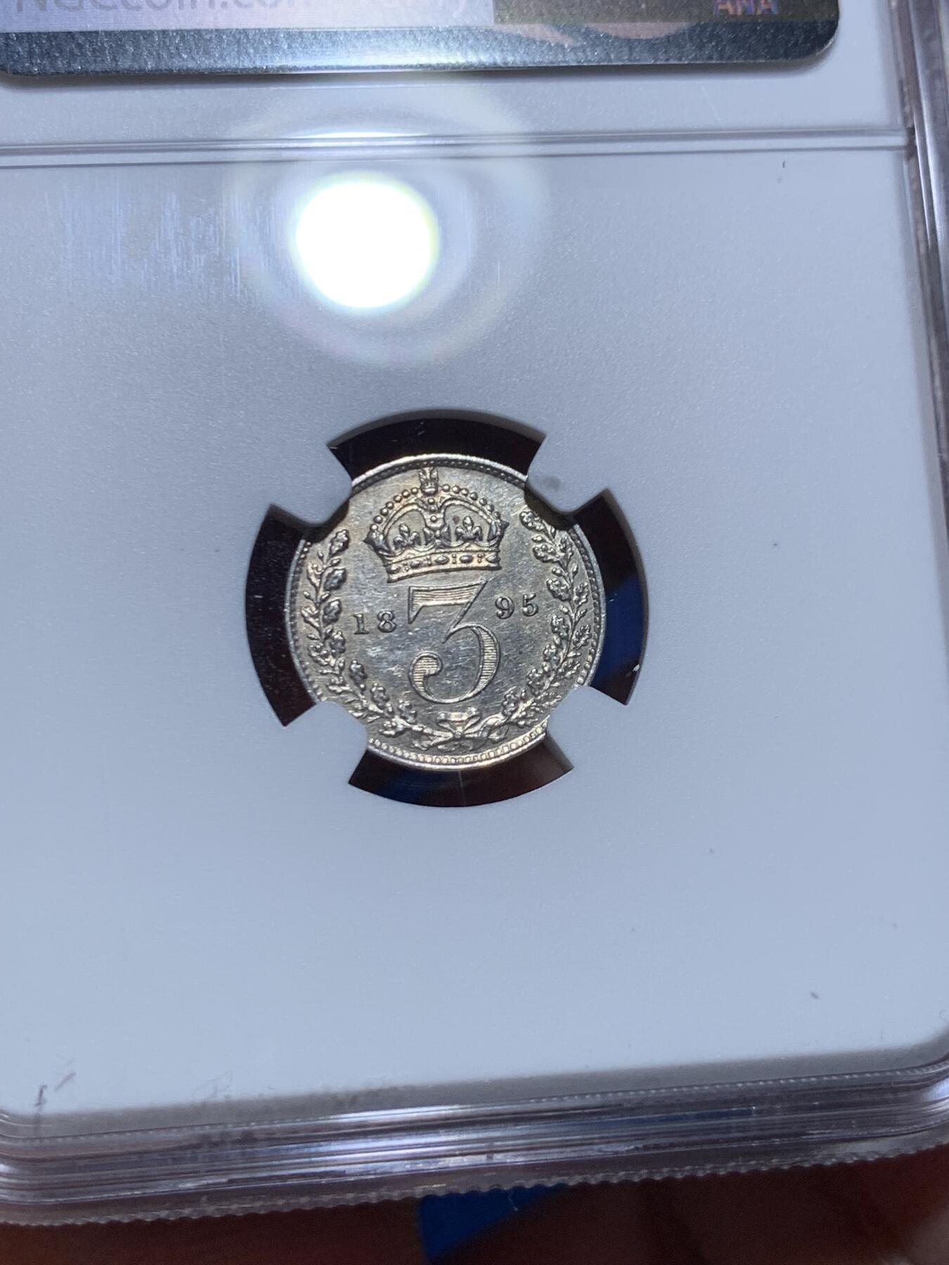 《竞宝斋》第475场 周日，周一 2场连拍 （全场包邮）欢迎送拍 四枚一组 NGC UNC-MS63 英国1895年维多利亚披纱濯足币 1-4便士银币