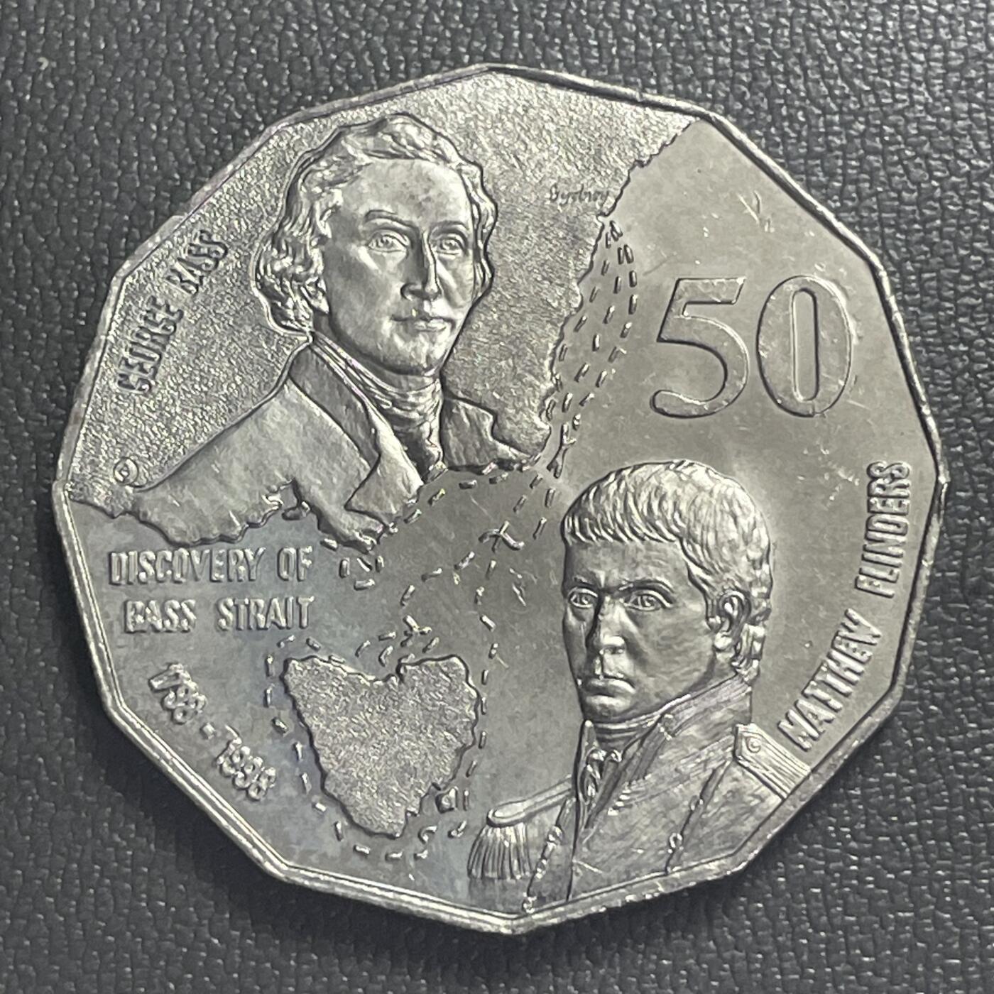 回流0406 全新 澳大利亚1998年12边形50分纪念币 发现巴斯海峡200年32mm