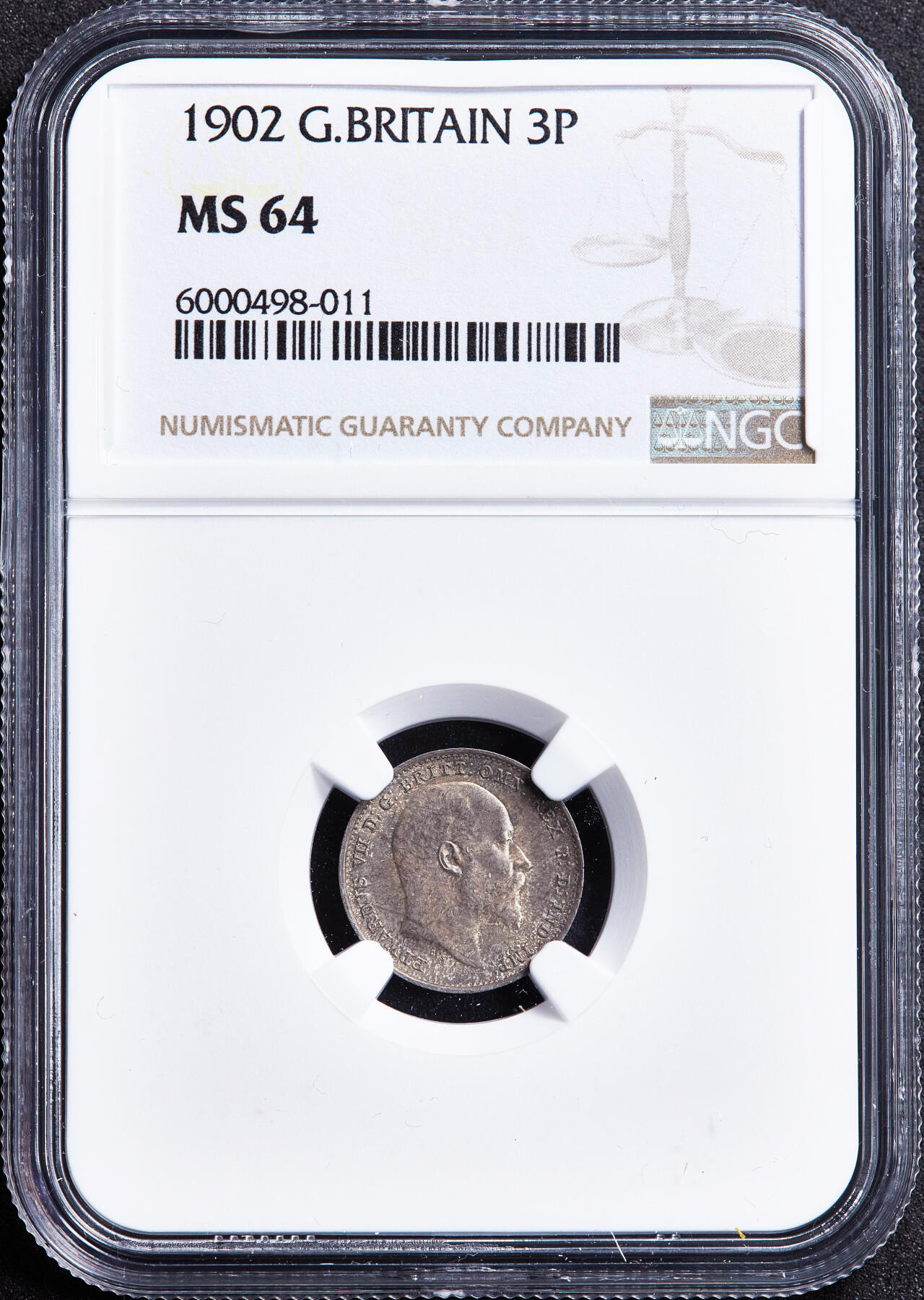 【俄甄集藏】2026年(050)04-01星期三 晚 19:30 全场包邮 英国1902年爱德华七世3便士银币，NGC MS64，黄油五彩，转光品相