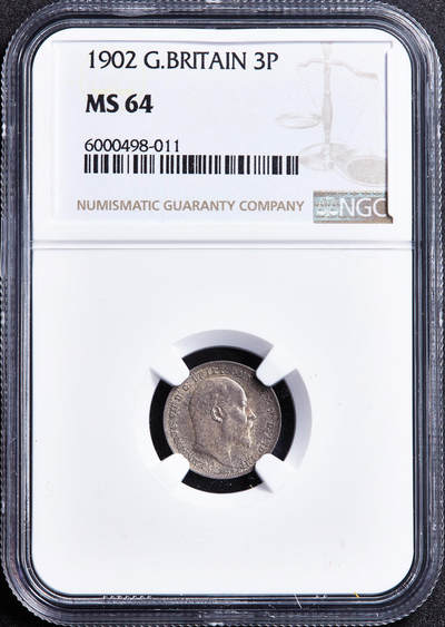 【俄甄集藏】2026年(050)04-01星期三 晚 19:30 全场包邮 - 英国1902年爱德华七世3便士银币，NGC MS64，黄油五彩，转光品相