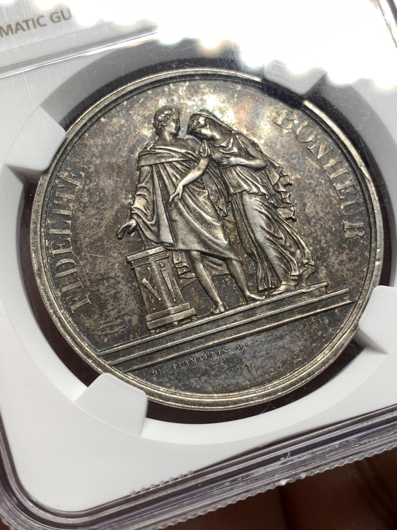 《竞宝斋》第475场 周日，周一 2场连拍 （全场包邮）欢迎送拍 NGC MS61 法国结婚纪念银章 39mm 油灯边铭