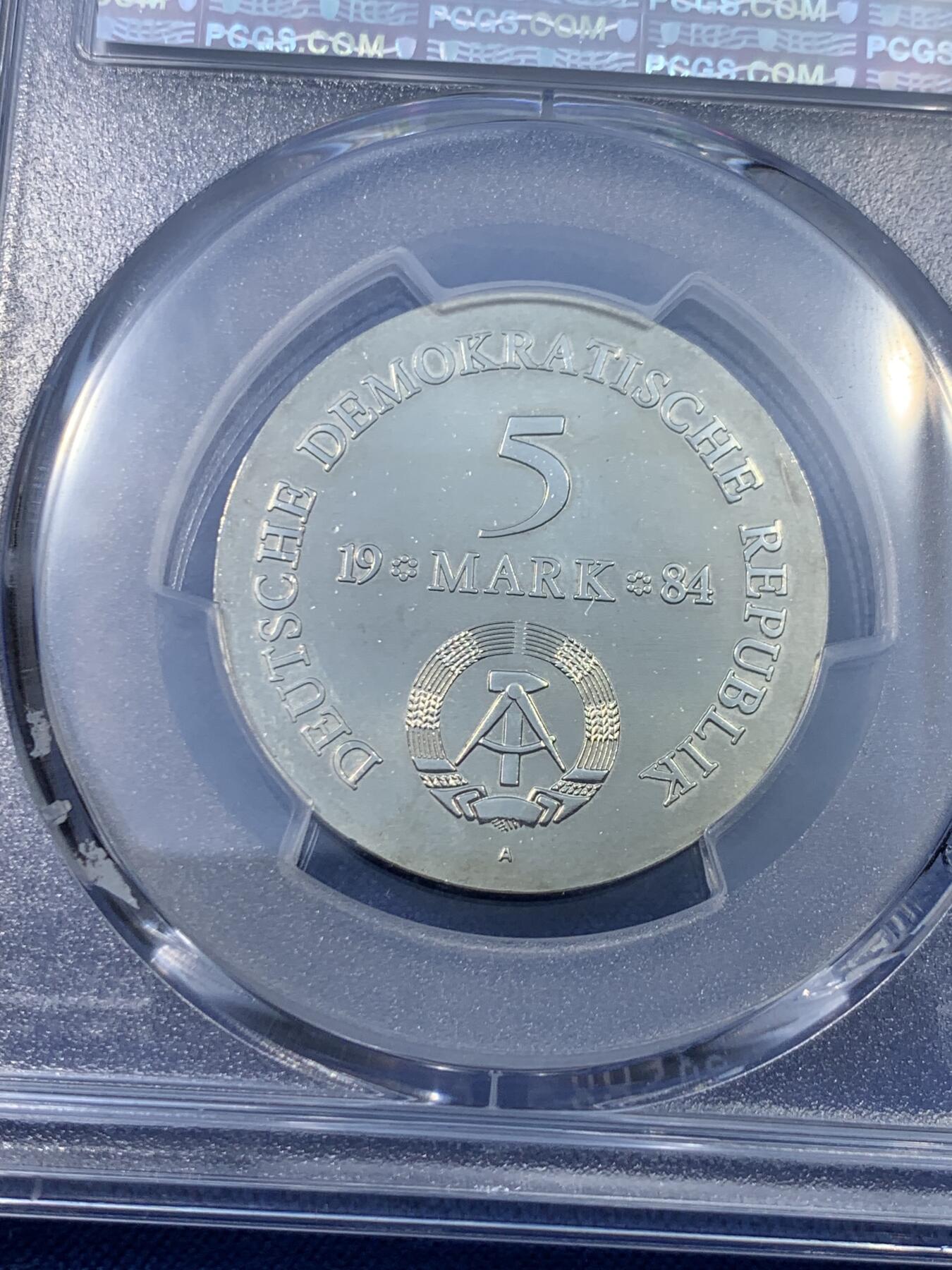 《竞宝斋》第475场 周日，周一 2场连拍 （全场包邮）欢迎送拍 PCGS MS65 东德1984年阿道夫·弗赖赫尔·冯·吕措将军逝世150周年5马克纪念币