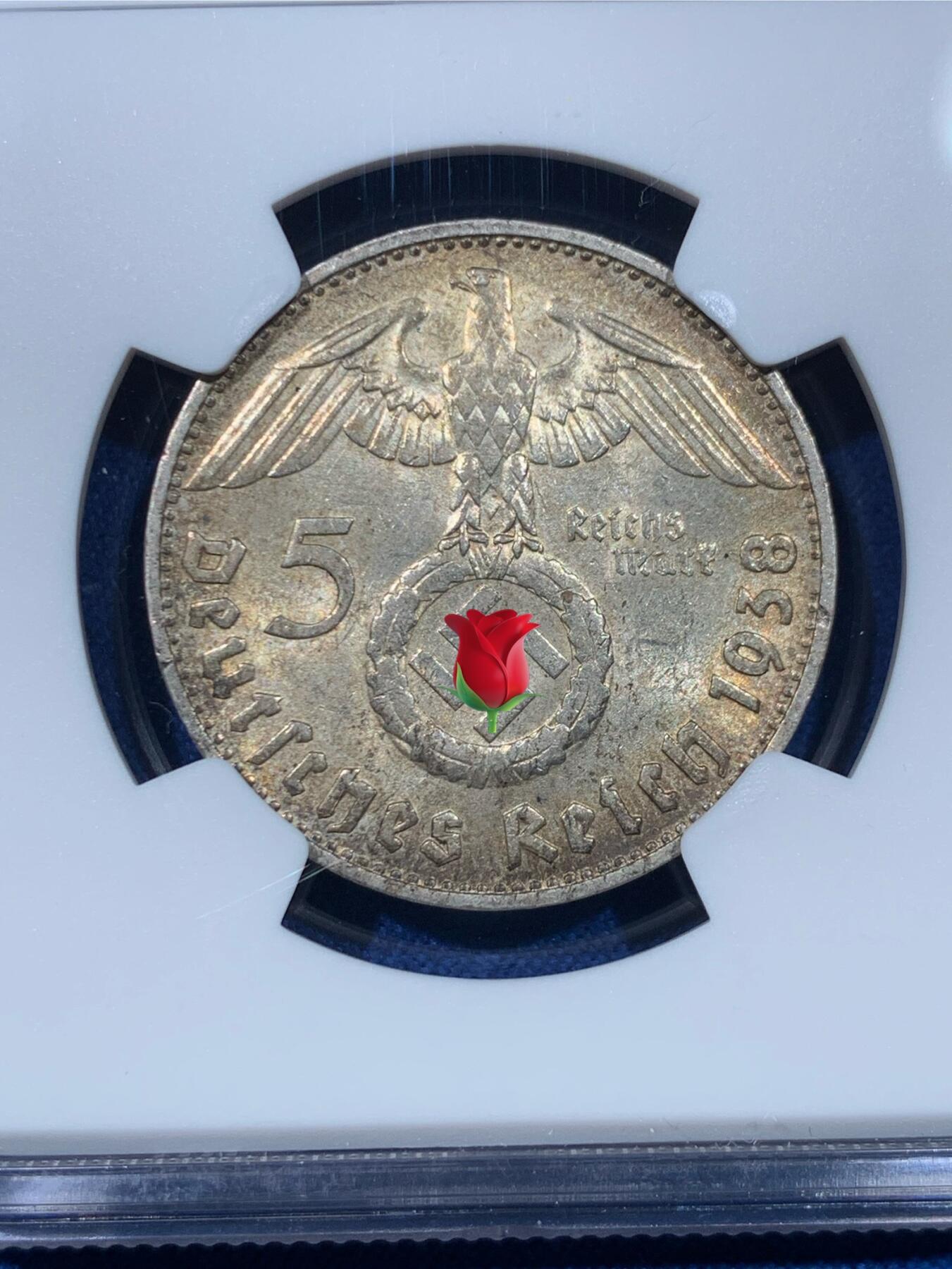 《竞宝斋》第475场 周日，周一 2场连拍 （全场包邮）欢迎送拍 NGC MS62 德国兴登堡 1938年 D版 5马克银币