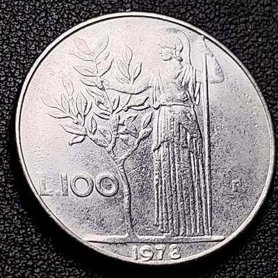 泉币菌-第217场-拍品多 请提前出价 - 1978意大利早期100里拉 月亮和记忆女神密涅瓦 不锈钢币 27.8mm