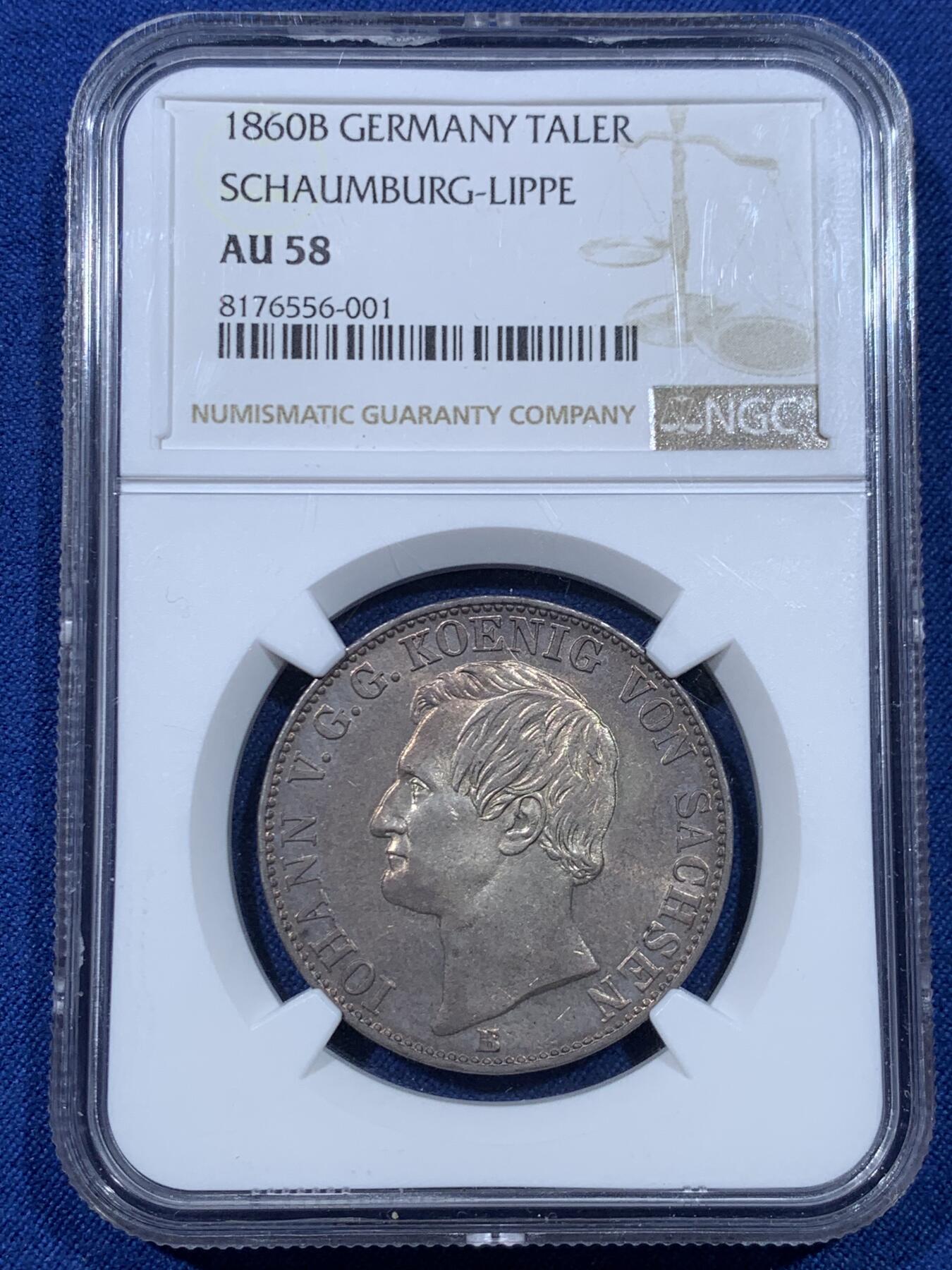 《竞宝斋》第475场 周日，周一 2场连拍 （全场包邮）欢迎送拍 NGC AU58 德国 1860 萨克森矿业泰勒 略感低评