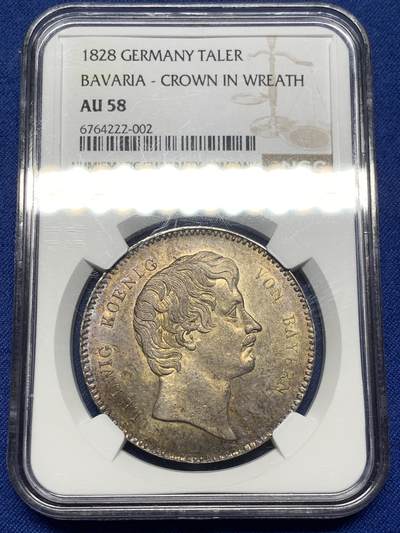 《竞宝斋》第475场 周日，周一 2场连拍 （全场包邮）欢迎送拍 - NGC AU58 季军分 德国巴伐利亚王国 1828 流通型王冠泰勒 29.5g 香槟彩包浆 流通充分品种