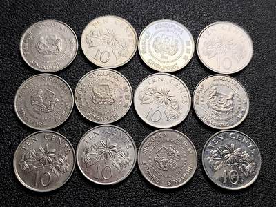泉币菌-第217场-拍品多 请提前出价 - 12枚高币值一组 新加坡10仙镍币 络石花 混合年份未挑