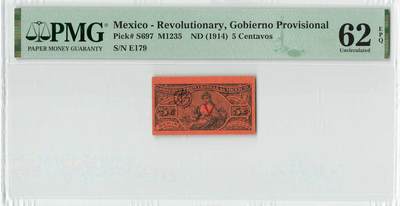 小福收藏拍卖第204期 评级币精选场 本期有 荷兰经典AA冠拿杯子的蛇 叙利亚世遗帕尔米拉古城豹子号冠军分 法国红衣主教冠军分 意大利经典达芬奇   白俄罗斯 "Millennium" 纪念版AA冠全同千位号全套  南斯拉夫铁托未发行版 美国 墨西哥 越南 法属印度支那等多国精美高分珍稀老钞精品纸币 - 墨西哥 1914年 5 centavos 临时政府 PMG62 EPQ