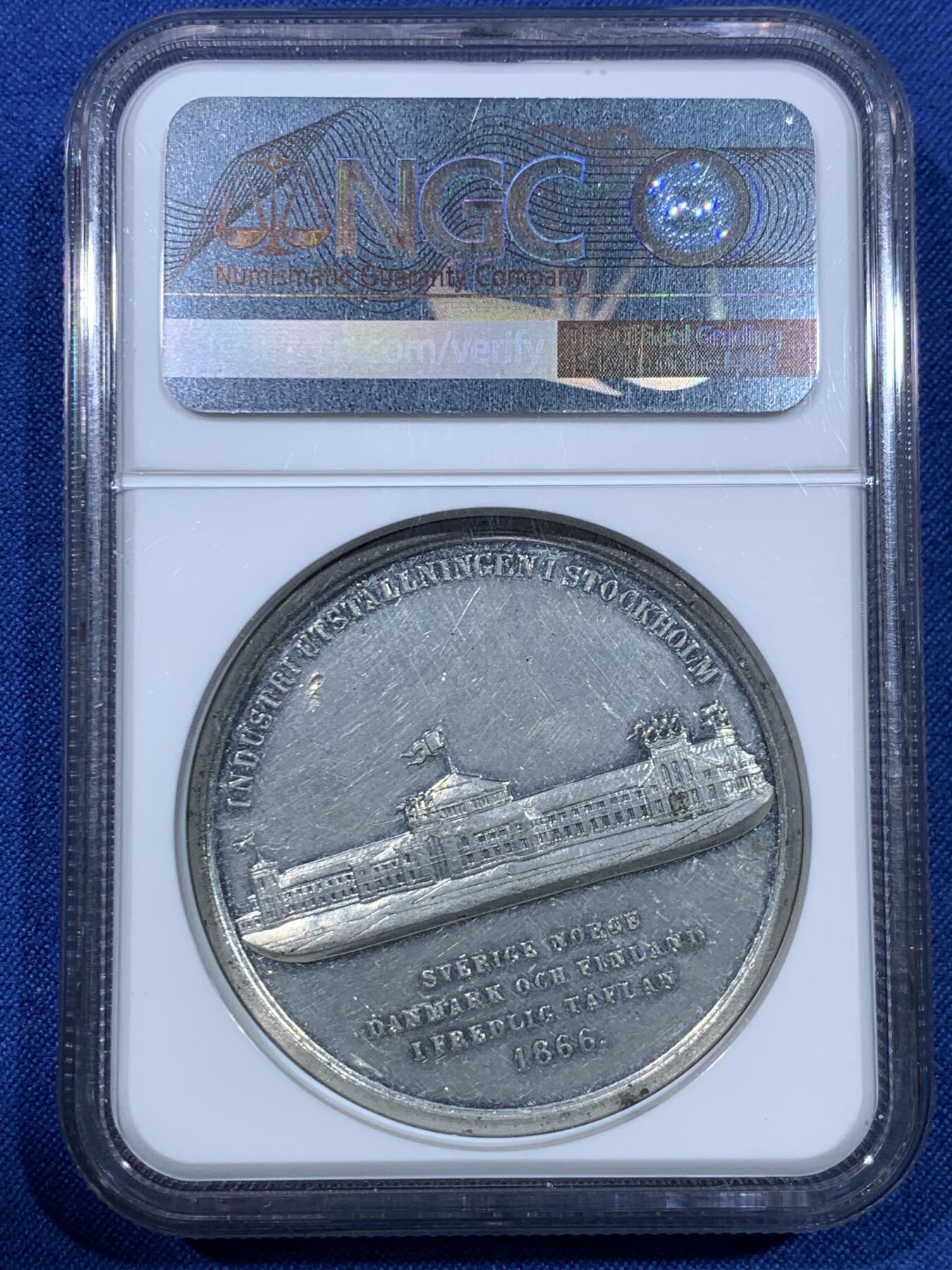 《竞宝斋》第475场 周日，周一 2场连拍 （全场包邮）欢迎送拍 NGC UNCD 瑞典斯德哥尔摩工业博览会纪念章 WM材质 正面为国王奥斯卡二世侧像 44mm 加厚盒