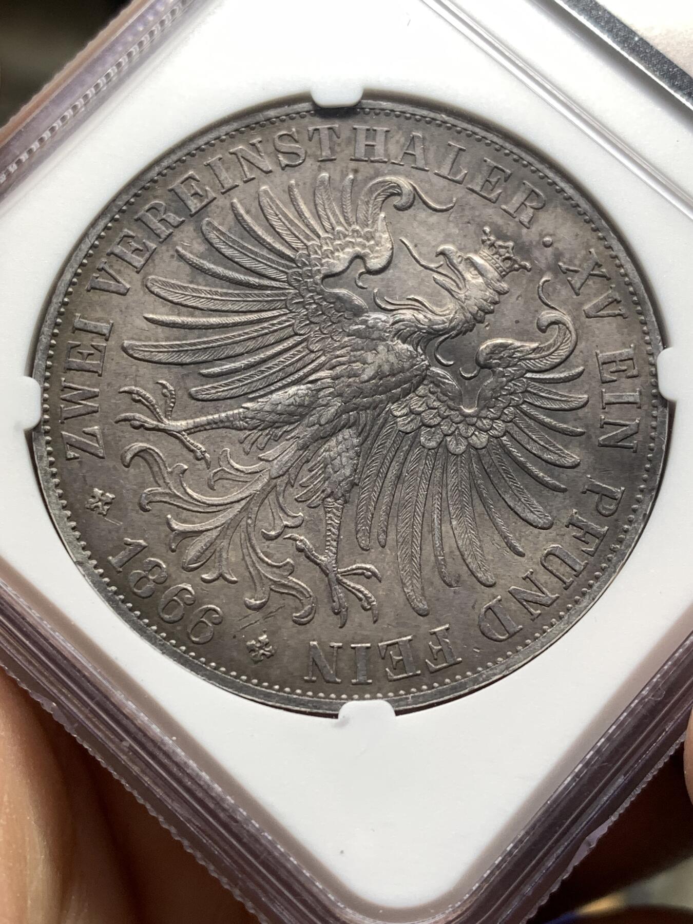 《竞宝斋》第475场 周日，周一 2场连拍 （全场包邮）欢迎送拍 NGC AUD 德国1866年法兰克福少女2泰勒银币