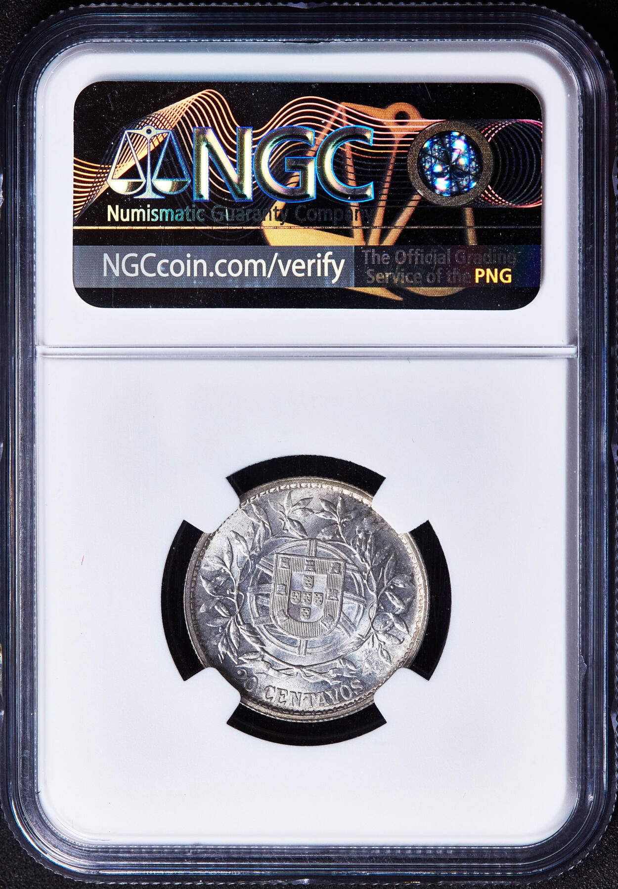 【俄甄集藏】2026年(050)04-01星期三 晚 19:30 全场包邮 葡萄牙1916年女神20分银币，NGC MS62，该版的总筋品种，转光品相