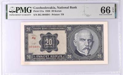 小福收藏拍卖第204期 评级币精选场 本期有 荷兰经典AA冠拿杯子的蛇 叙利亚世遗帕尔米拉古城豹子号冠军分 法国红衣主教冠军分 意大利经典达芬奇   白俄罗斯 "Millennium" 纪念版AA冠全同千位号全套  南斯拉夫铁托未发行版 美国 墨西哥 越南 法属印度支那等多国精美高分珍稀老钞精品纸币 - 捷克斯洛伐克 1926年 20克朗 罕见实钞不是样票 千位号 PMG66 EPQ 亚军分