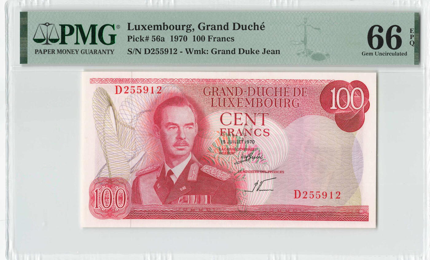 小福收藏拍卖第204期 评级币精选场 本期有 荷兰经典AA冠拿杯子的蛇 叙利亚世遗帕尔米拉古城豹子号冠军分 法国红衣主教冠军分 意大利经典达芬奇   白俄罗斯 "Millennium" 纪念版AA冠全同千位号全套  南斯拉夫铁托未发行版 美国 墨西哥 越南 法属印度支那等多国精美高分珍稀老钞精品纸币 卢森堡 1970年 100法郎 该版最高值 无47 PMG66 EPQ 季军分