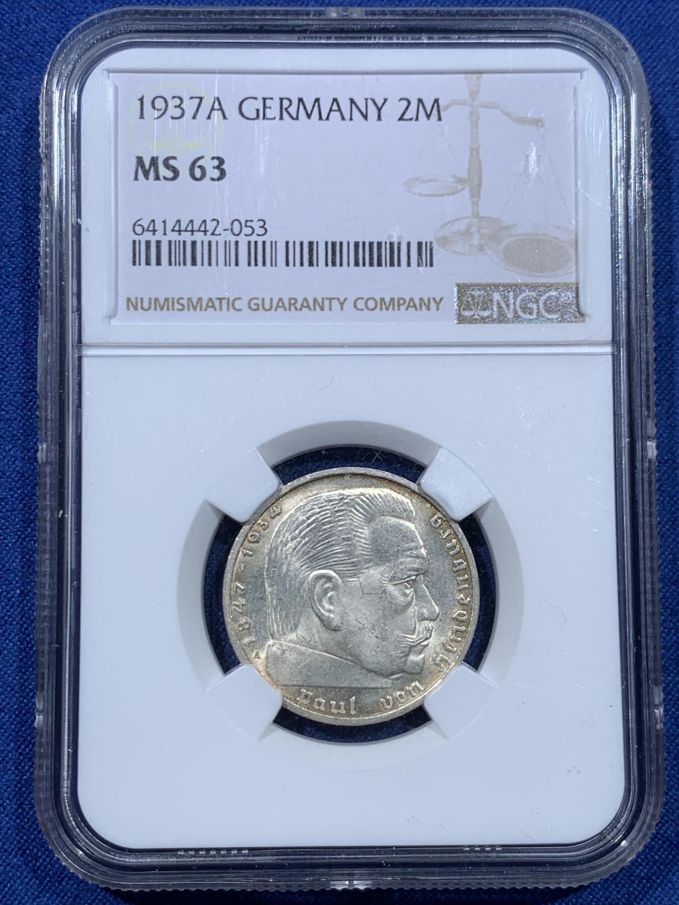 《竞宝斋》第475场 周日，周一 2场连拍 （全场包邮）欢迎送拍 NGC MS63 德国1937年兴登堡2马克银币