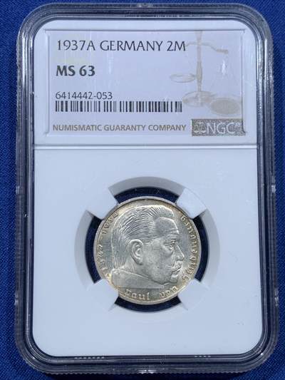 《竞宝斋》第475场 周日，周一 2场连拍 （全场包邮）欢迎送拍 - NGC MS63 德国1937年兴登堡2马克银币
