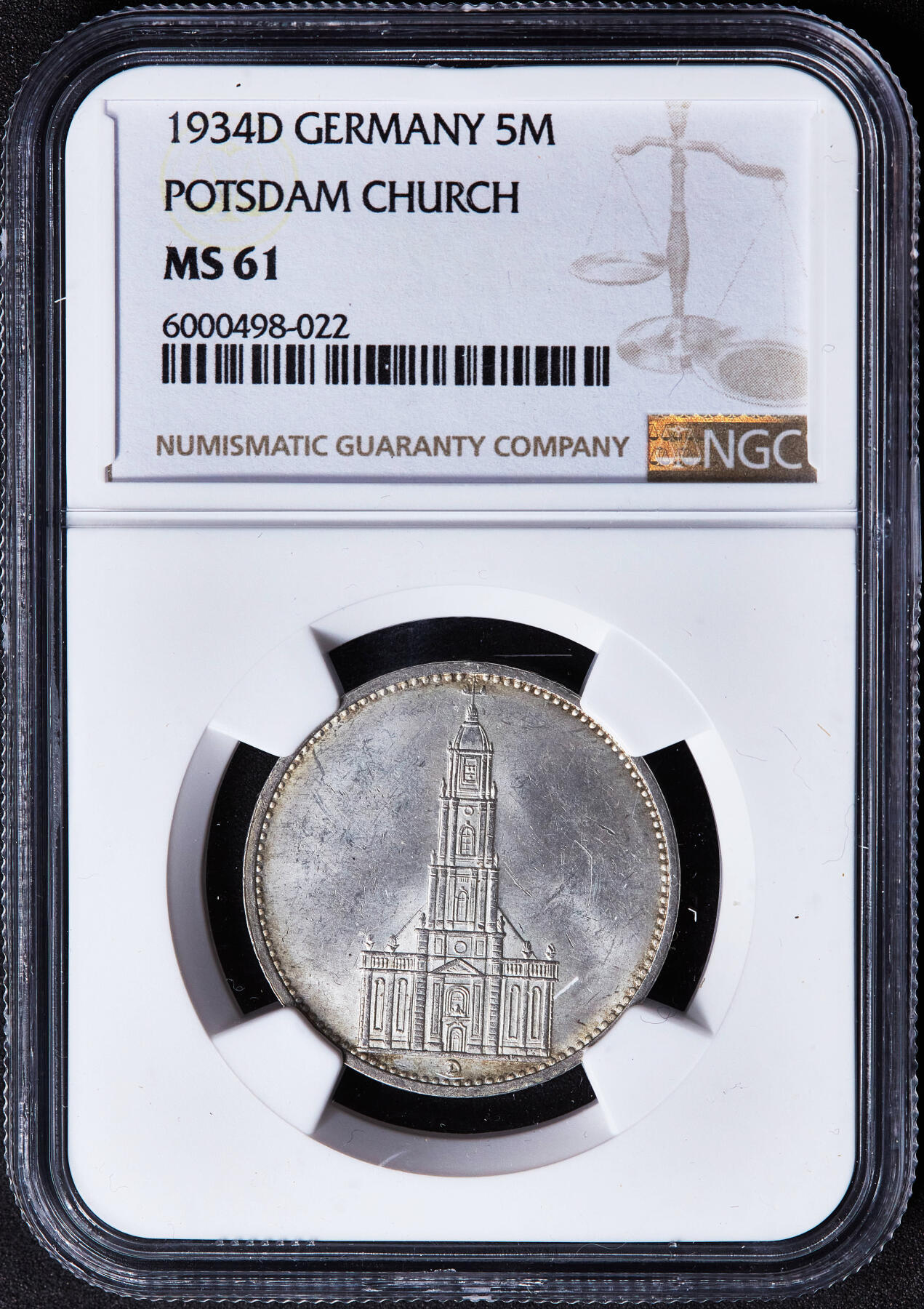 【俄甄集藏】2026年(050)04-01星期三 晚 19:30 全场包邮 德国第三帝国1934年D版波茨坦教堂无字版5马克银币，NGC MS61，黄油彩包浆，转光品相