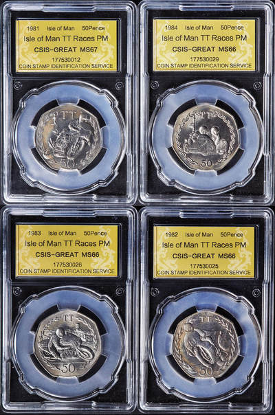 【俄甄集藏】2026年(050)04-01星期三 晚 19:30 全场包邮 - 英属马恩岛1981-1984年TT超级摩托车赛50便士纪念币4枚一组，信泰 MS66-MS67，发行量均为30000枚
