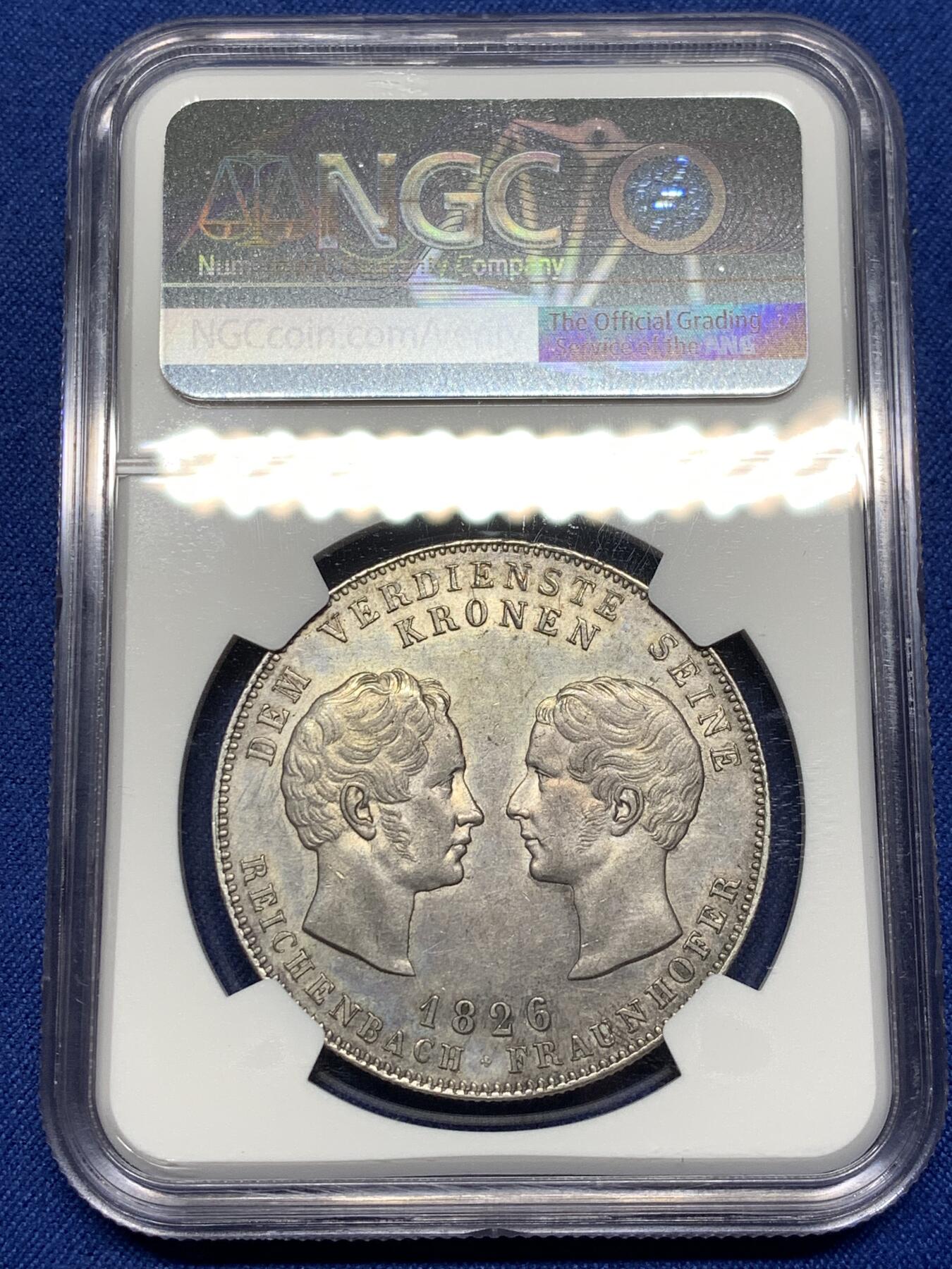 《竞宝斋》第475场 周日，周一 2场连拍 （全场包邮）欢迎送拍 NGC MS61 德国 巴伐利亚 1826 赖兴巴赫和弗劳恩霍夫 泰勒大银币 少见的品种 61的分数 状态感觉低评了