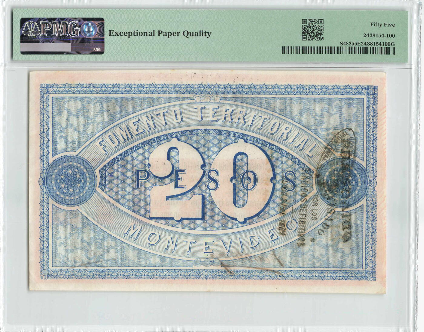 小福收藏拍卖第204期 评级币精选场 本期有 荷兰经典AA冠拿杯子的蛇 叙利亚世遗帕尔米拉古城豹子号冠军分 法国红衣主教冠军分 意大利经典达芬奇   白俄罗斯 "Millennium" 纪念版AA冠全同千位号全套  南斯拉夫铁托未发行版 美国 墨西哥 越南 法属印度支那等多国精美高分珍稀老钞精品纸币 乌拉圭 1868年 20比索 157年老钞 很少见 手写8775号 PMG55 EPQ 季军分（200期非原货主客户付款后委托拍