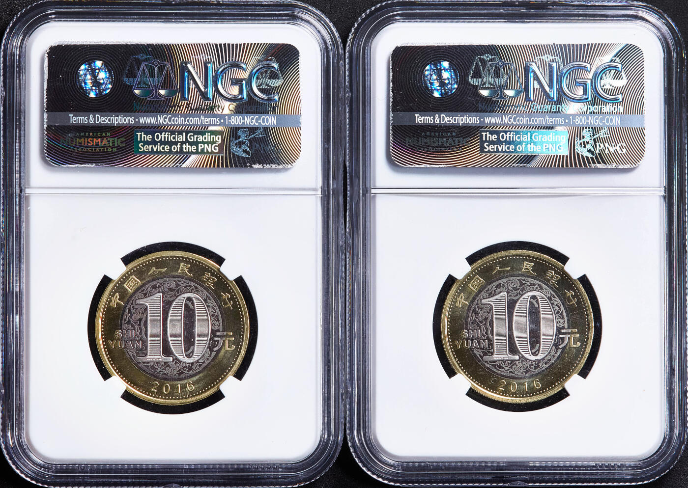 【俄甄集藏】2026年(050)04-01星期三 晚 19:30 全场包邮 中国2016年猴年10元双色纪念币特殊评级标签4枚不同一组，NGC MS68PL，类精制底板，年年有余、财源广进、阖家安康