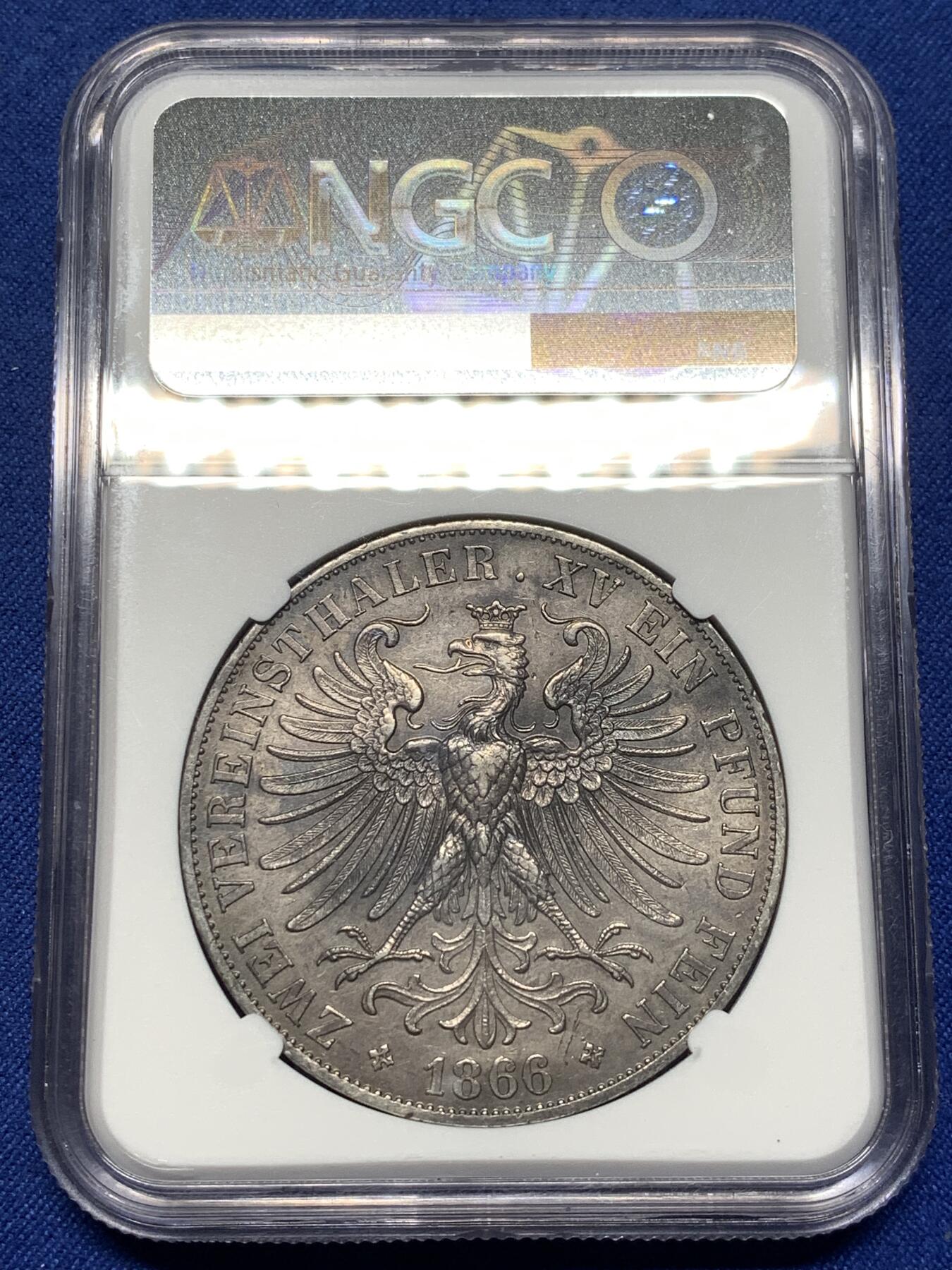 《竞宝斋》第475场 周日，周一 2场连拍 （全场包邮）欢迎送拍 NGC AUD 德国1866年法兰克福少女2泰勒银币