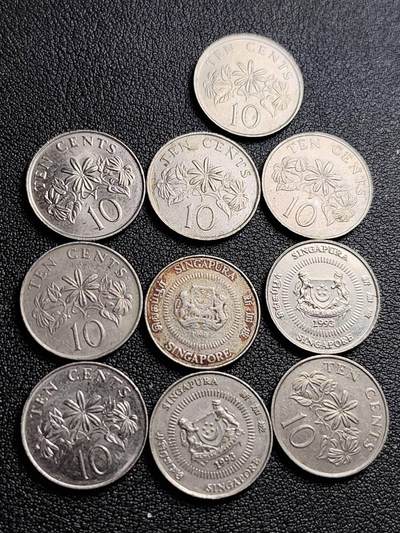 泉币菌-第217场-拍品多 请提前出价 - 10枚高币值一组 新加坡10仙镍币 络石花 混合年份未挑