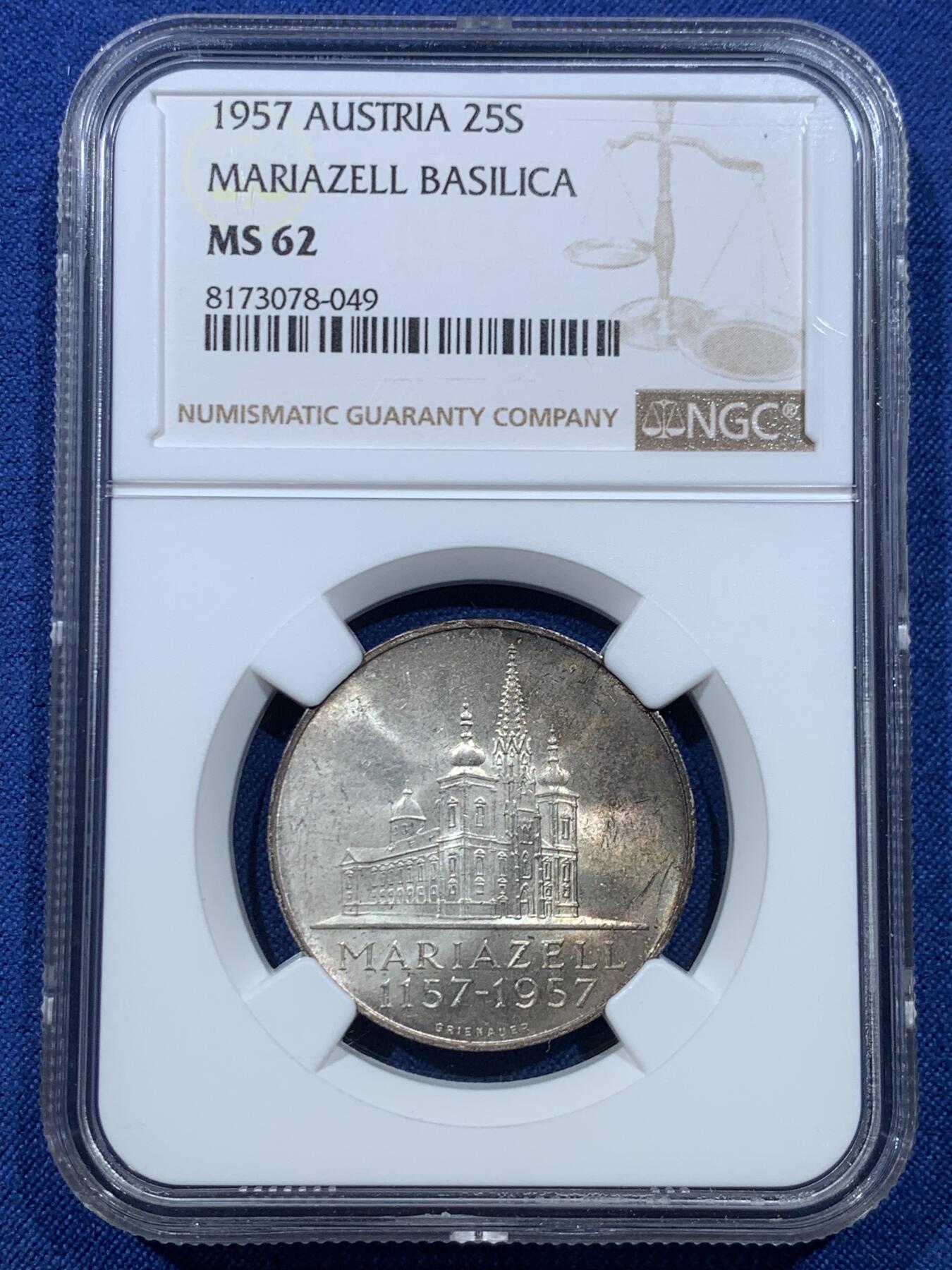 《竞宝斋》第475场 周日，周一 2场连拍 （全场包邮）欢迎送拍 两枚一组 NGC MS62 奥地利1957/1962年25先令纪念银币 800银 总重26克