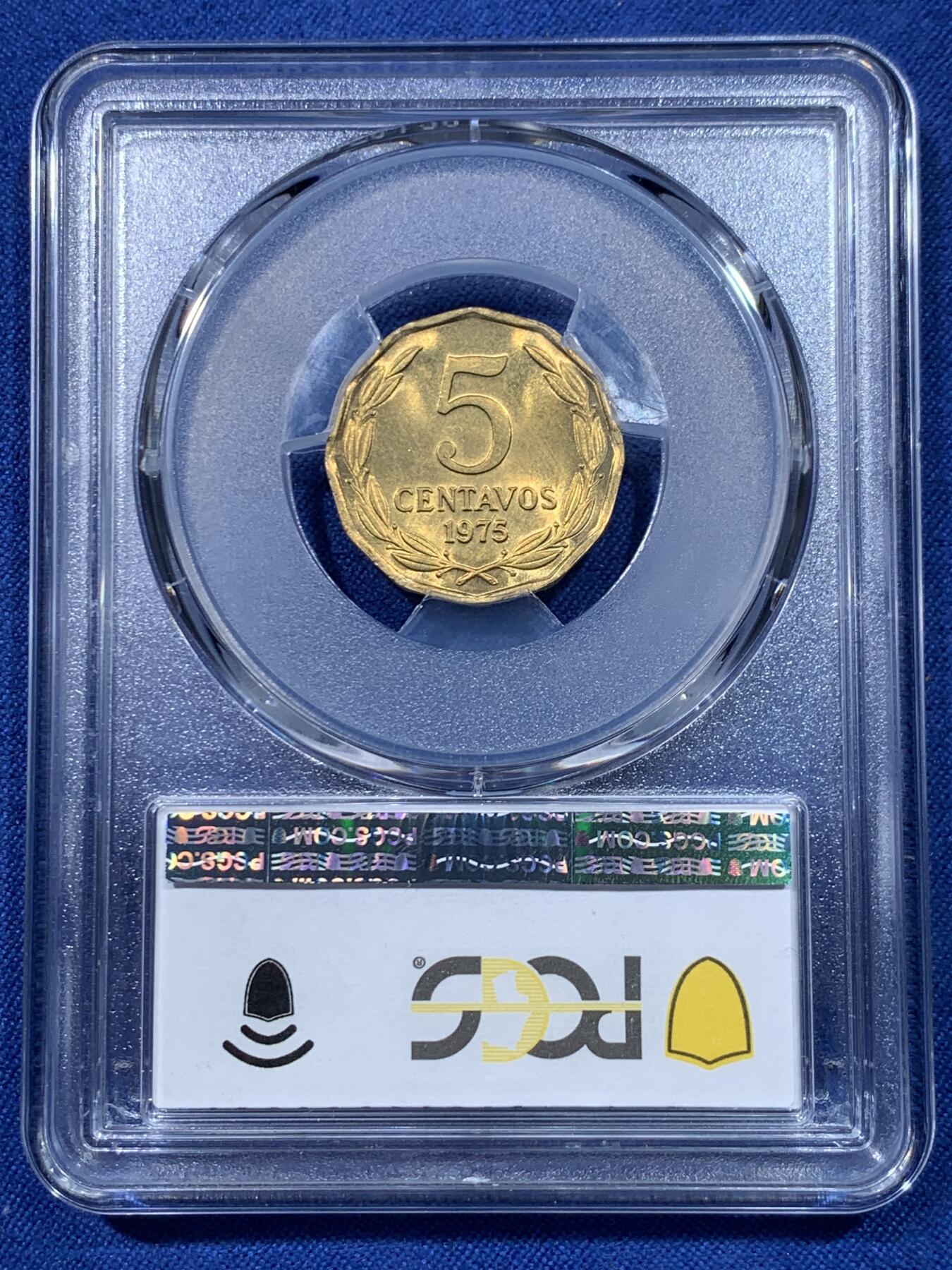 《竞宝斋》第475场 周日，周一 2场连拍 （全场包邮）欢迎送拍 PCGS MS66 智利1975年5比索铜币 车轮光状态漂亮 此面值铜版少见  冠军分！