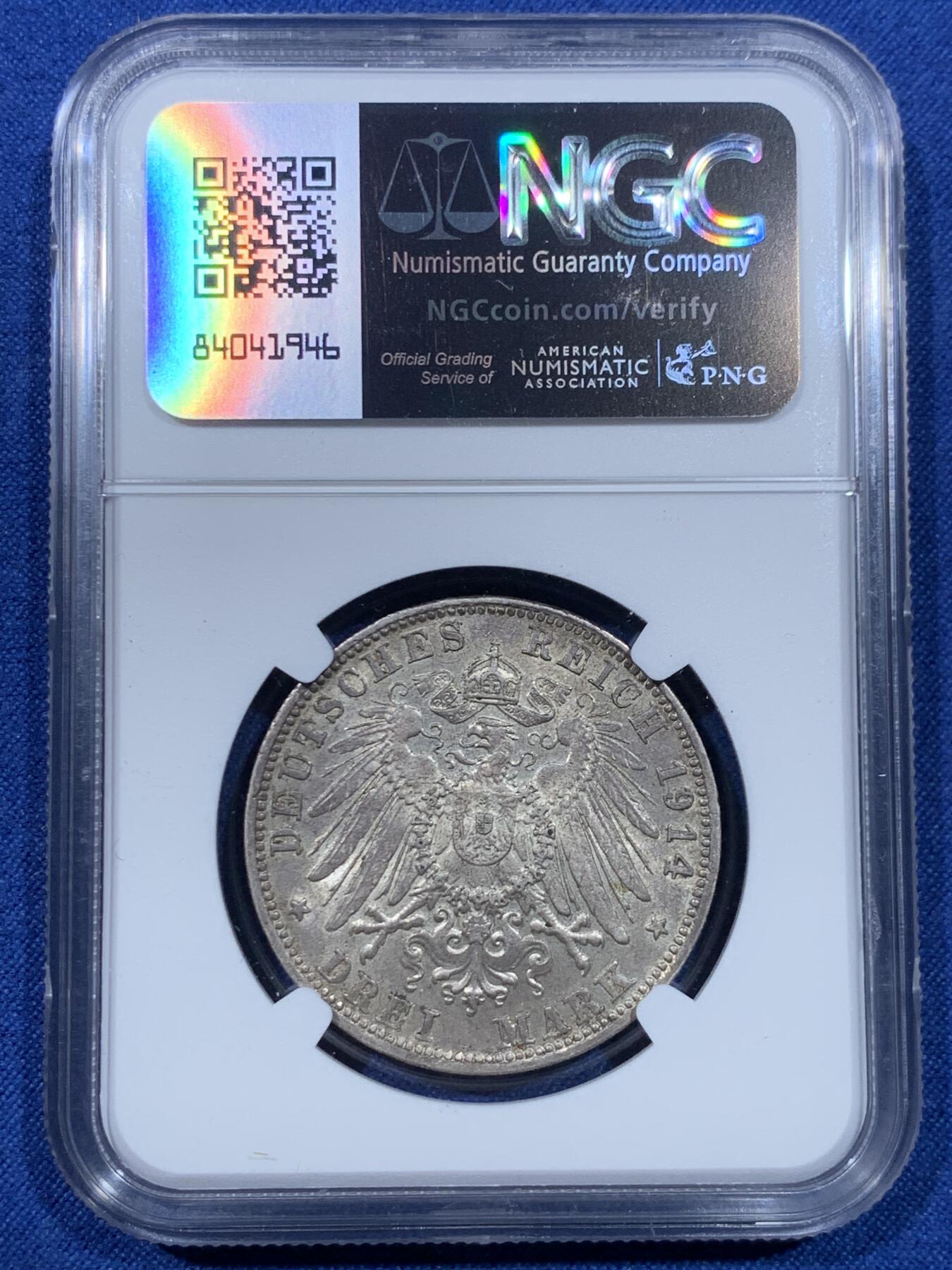 《竞宝斋》第475场 周日，周一 2场连拍 （全场包邮）欢迎送拍 NGC MS62 德国 1914年 巴伐利亚路德维希三世 3马克银币 双面淡彩光感不错