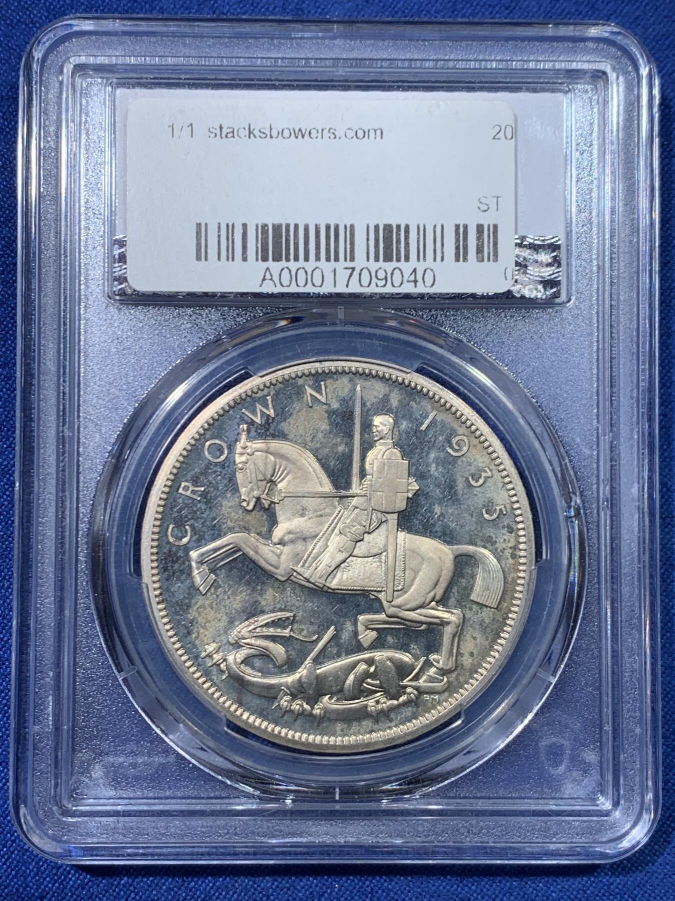 《竞宝斋》第475场 周日，周一 2场连拍 （全场包邮）欢迎送拍 PCGS PR63CAM 英国1935年木马剑1克朗精制币 经典品种 发行量2500枚 持续上涨 BU品相和极佳的状态 顶级包浆 SBP拍卖原品一枚到位