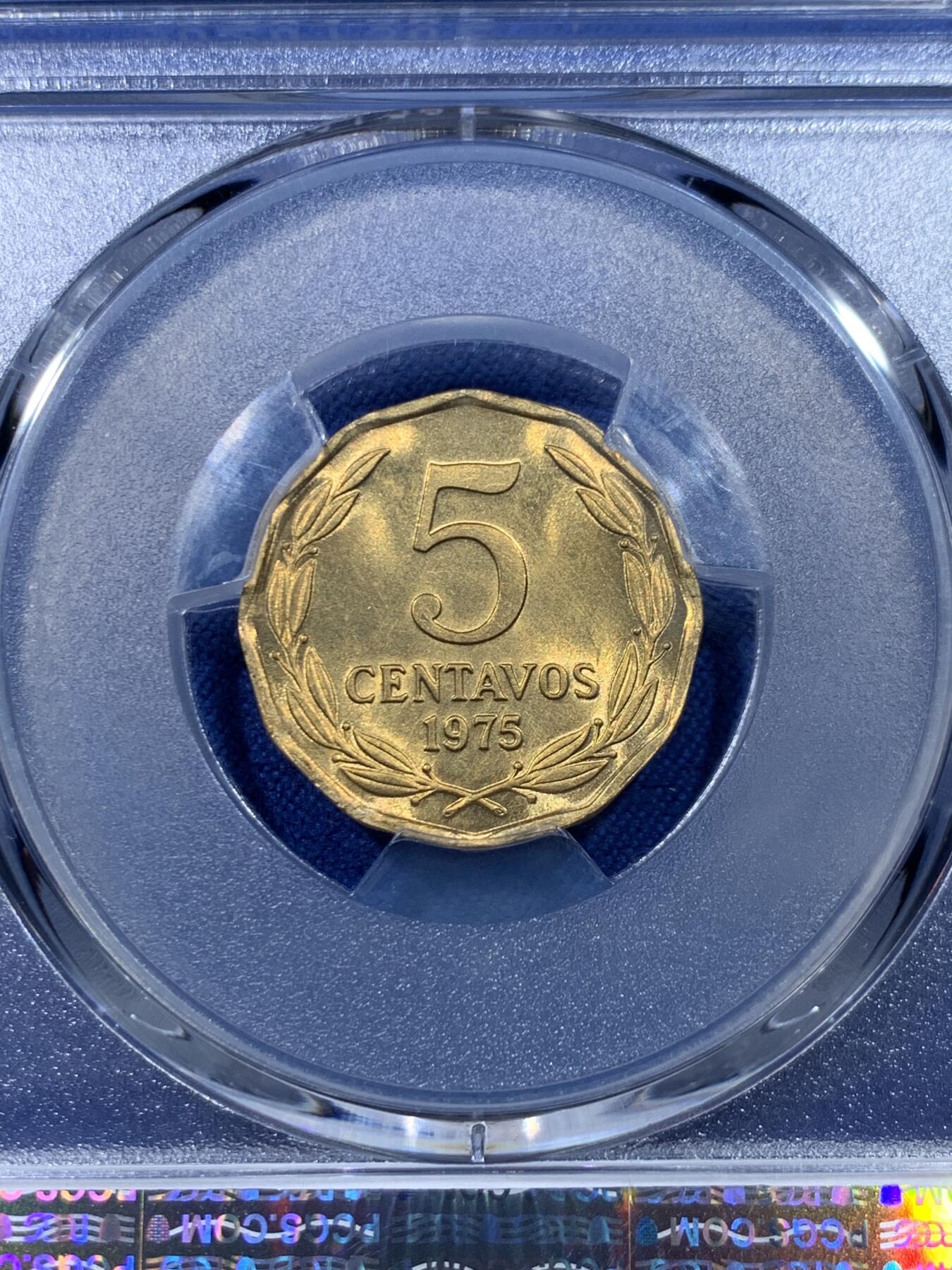 《竞宝斋》第475场 周日，周一 2场连拍 （全场包邮）欢迎送拍 PCGS MS66 智利1975年5比索铜币 车轮光状态漂亮 此面值铜版少见  冠军分！