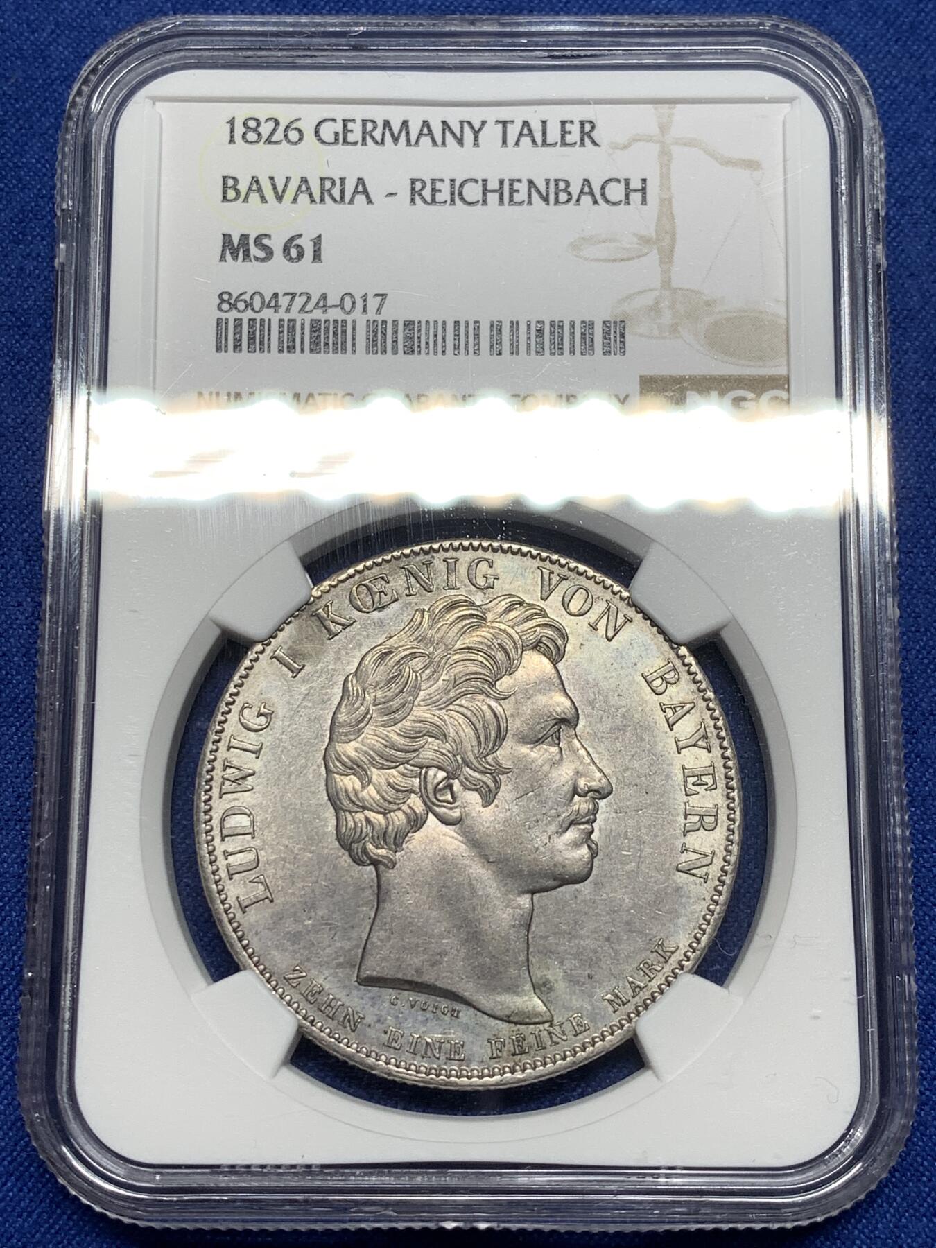 《竞宝斋》第475场 周日，周一 2场连拍 （全场包邮）欢迎送拍 NGC MS61 德国 巴伐利亚 1826 赖兴巴赫和弗劳恩霍夫 泰勒大银币 少见的品种 61的分数 状态感觉低评了